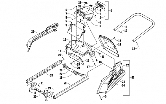 REAR BUMPER, RACK RAIL, SNOWFLAP, AND TAILLIGHT ASSEMBLY