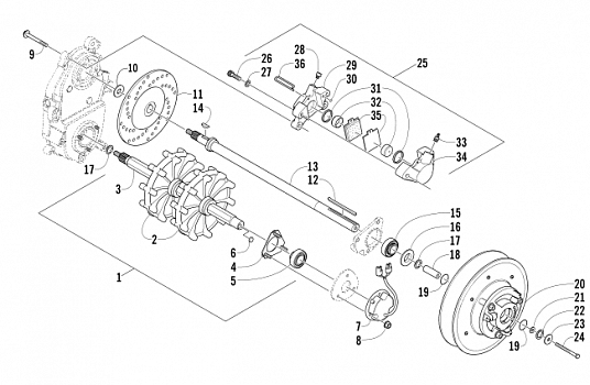 DRIVE TRAIN SHAFTS AND BRAKE ASSEMBLIES