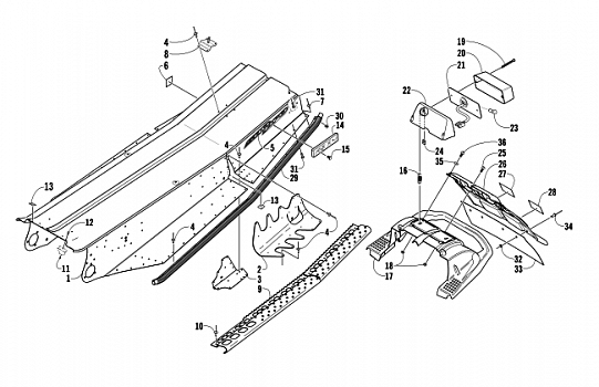 TUNNEL, REAR BUMPER, AND TAILLIGHT ASSEMBLIES