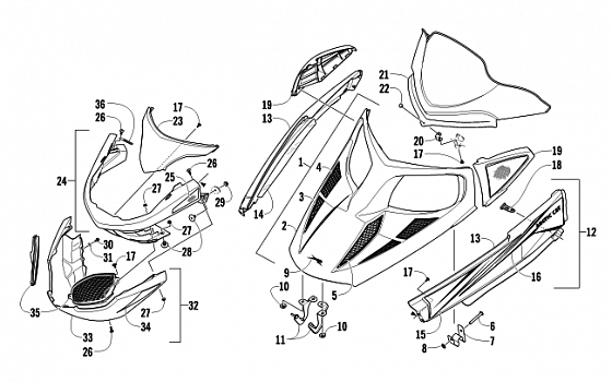 HOOD, WINDSHIELD, AND FRONT BUMPER ASSEMBLY