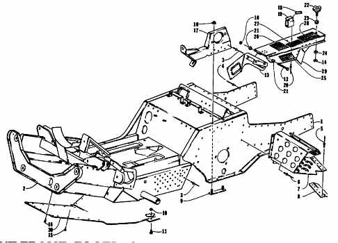 FRONT FRAME, FOOTREST, AND CLUTCH SHIELD ASSEMBLY