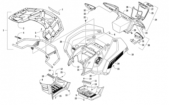 REAR RACK, BODY PANEL, FOOTWELL, AND TAILLIGHT ASSEMBLIES