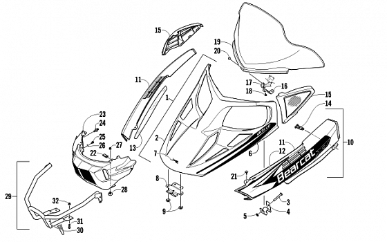 HOOD, WINDSHIELD, AND FRONT BUMBER ASSEMBLY