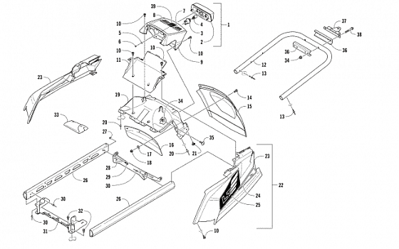 REAR BUMPER, HITCH, RACK RAIL, SNOWFLAP, AND TAILLIGHT ASSEMBLY