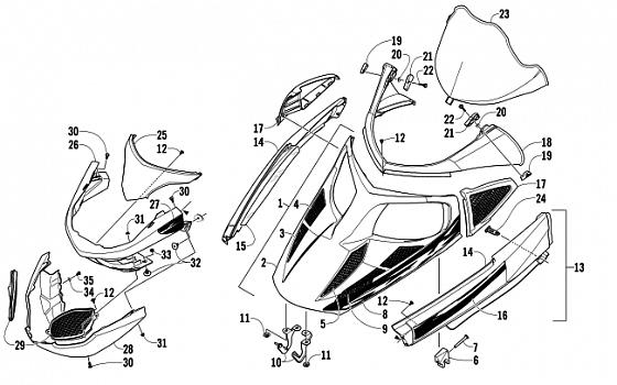 HOOD, WINDSHIELD, AND FRONT BUMPER ASSEMBLY