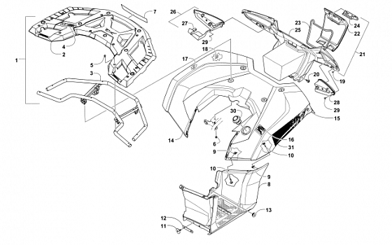 REAR RACK, BODY PANEL, FOOTWELL, AND TAILLIGHT ASSEMBLIES