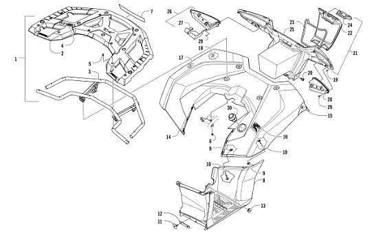 REAR RACK, BODY PANEL, FOOTWELL, AND TAILLIGHT ASSEMBLIES