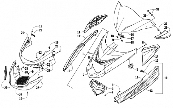 HOOD, WINDSHIELD, AND FRONT BUMPER ASSEMBLY