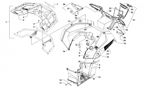 REAR RACK, BODY PANEL, FOOTWELL, AND TAILLIGHT ASSEMBLIES