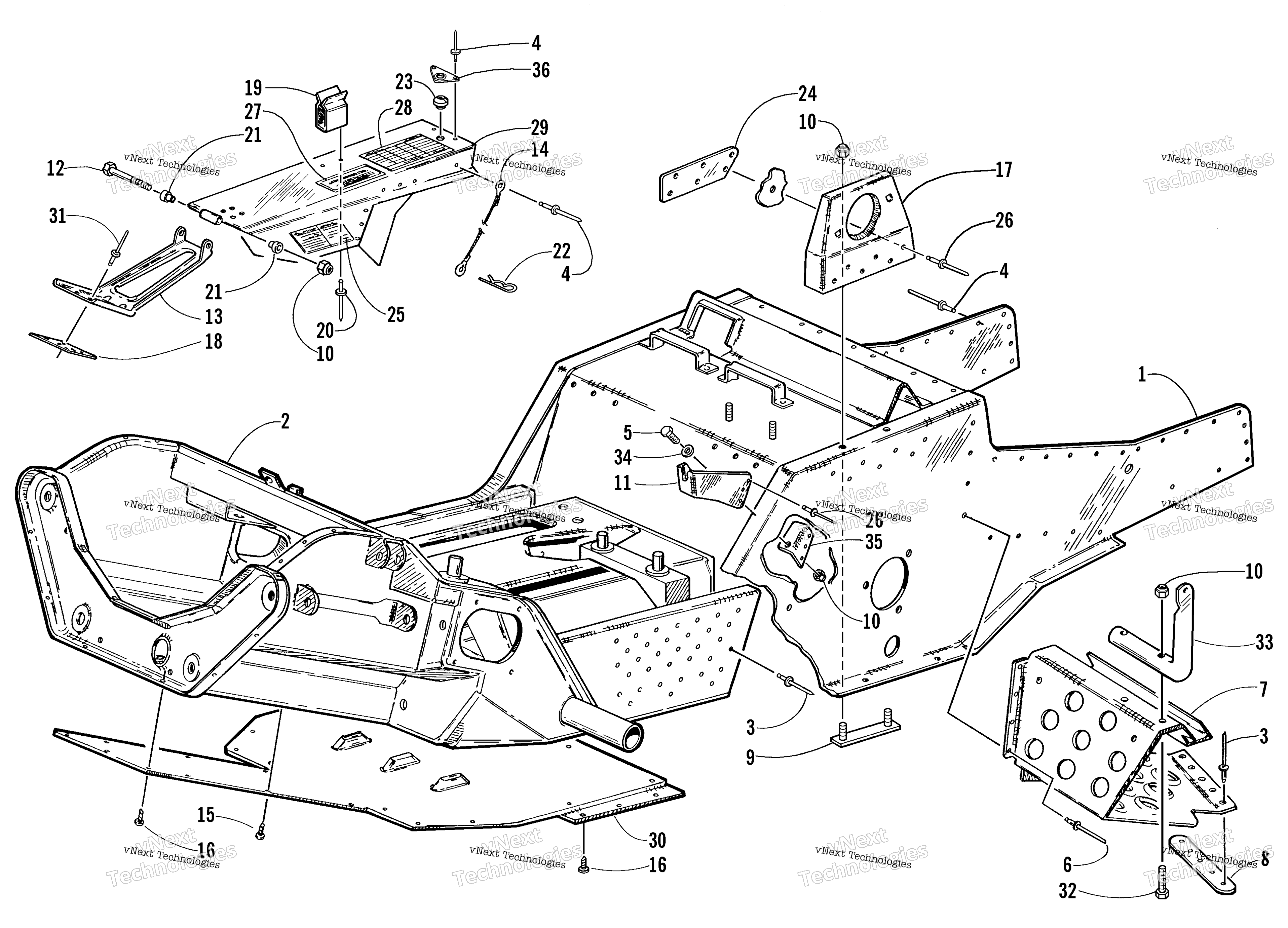 Передняя часть Frame, Belly Pan, And Footrest Assembly
