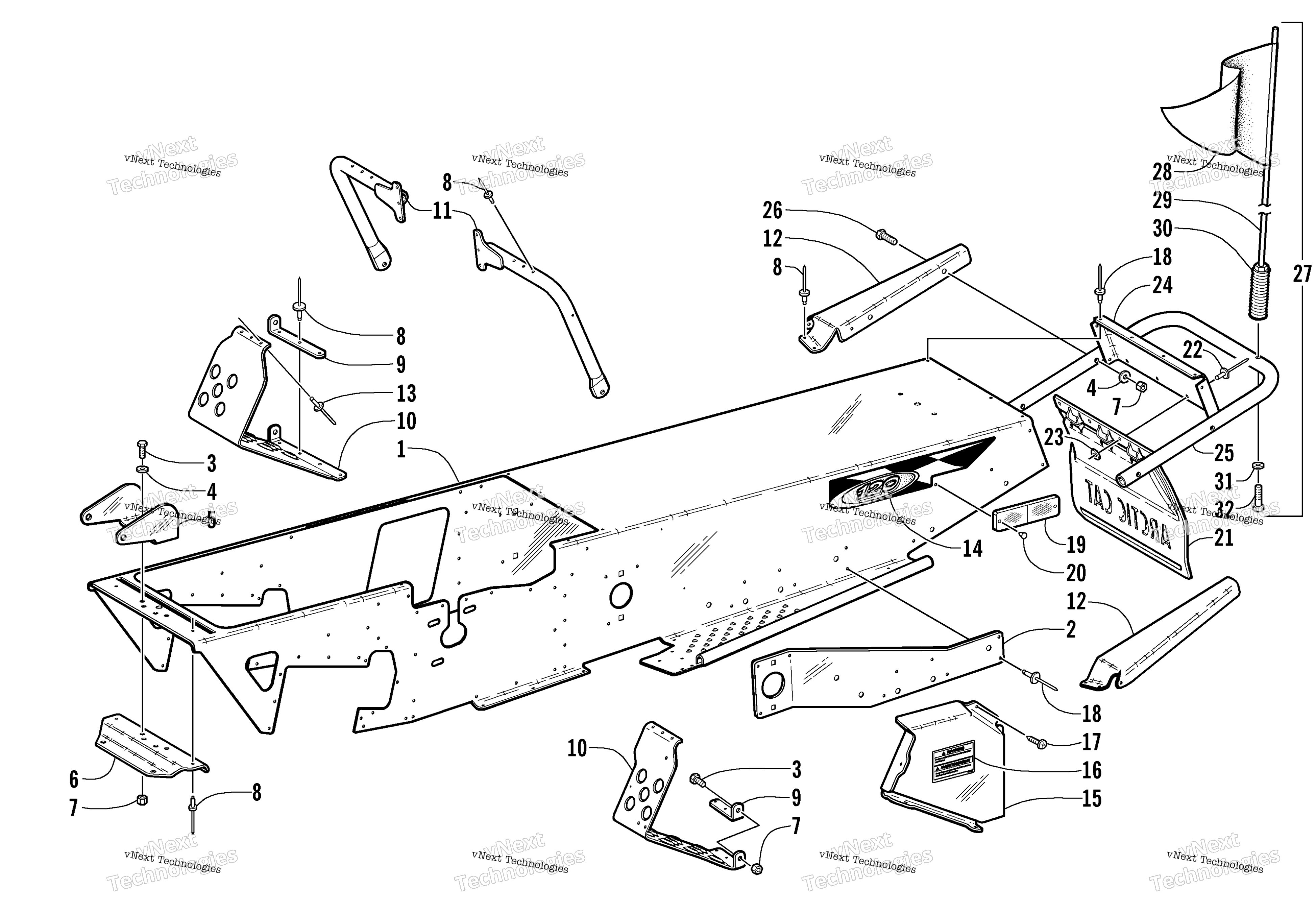 Chassis, Footrest, и задний Bumper узел
