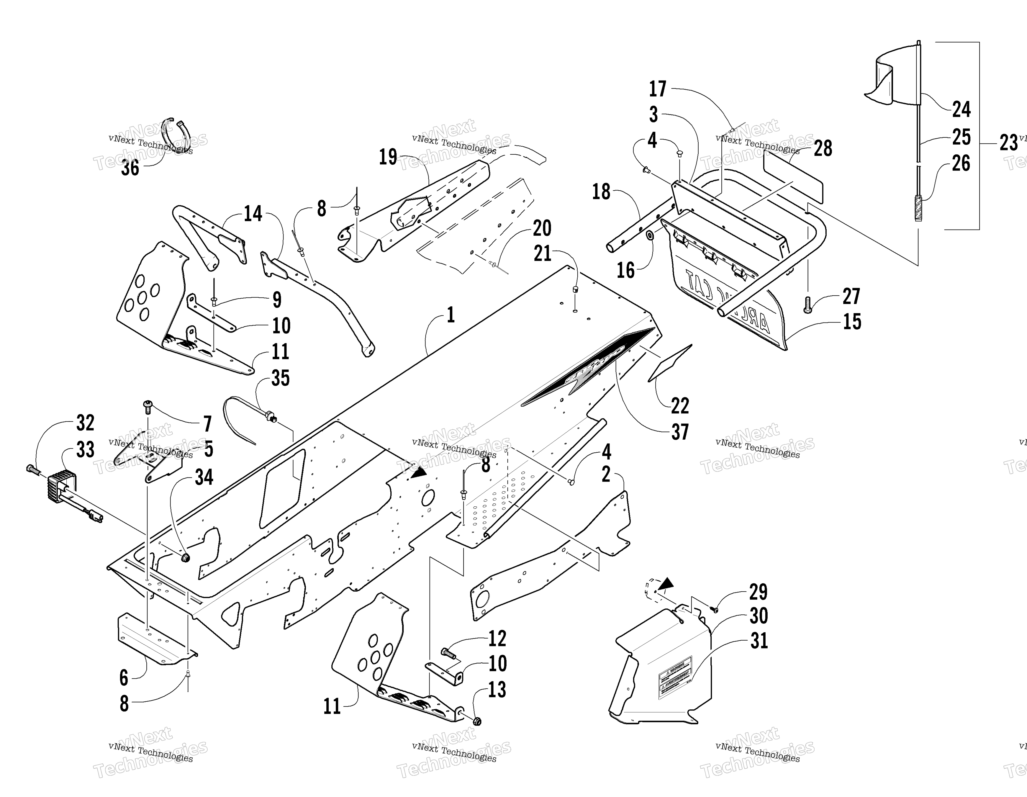 Chassis, Footrest, и задний Bumper узел