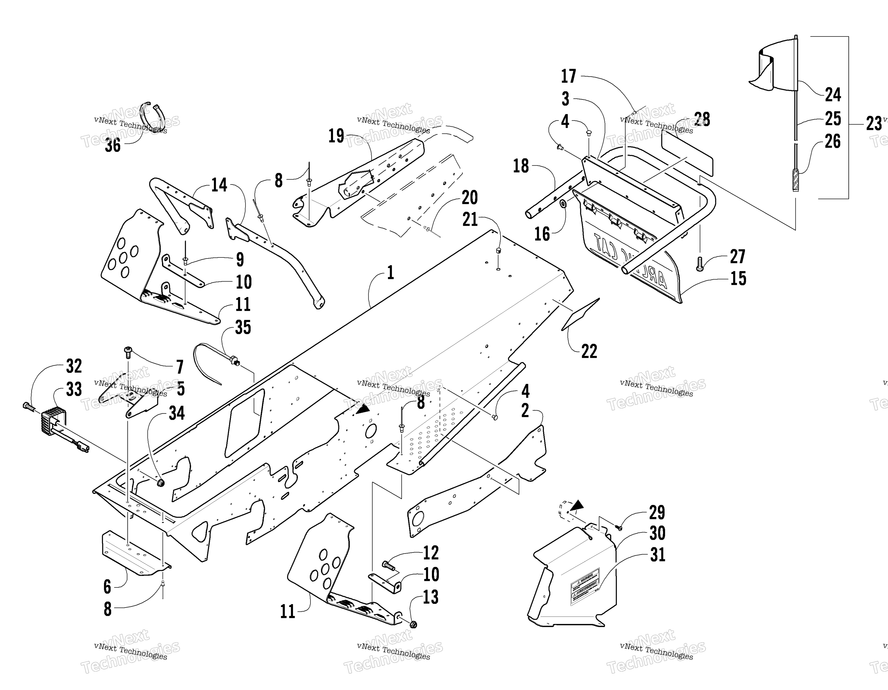 Chassis, Footrest, и задний Bumper узел