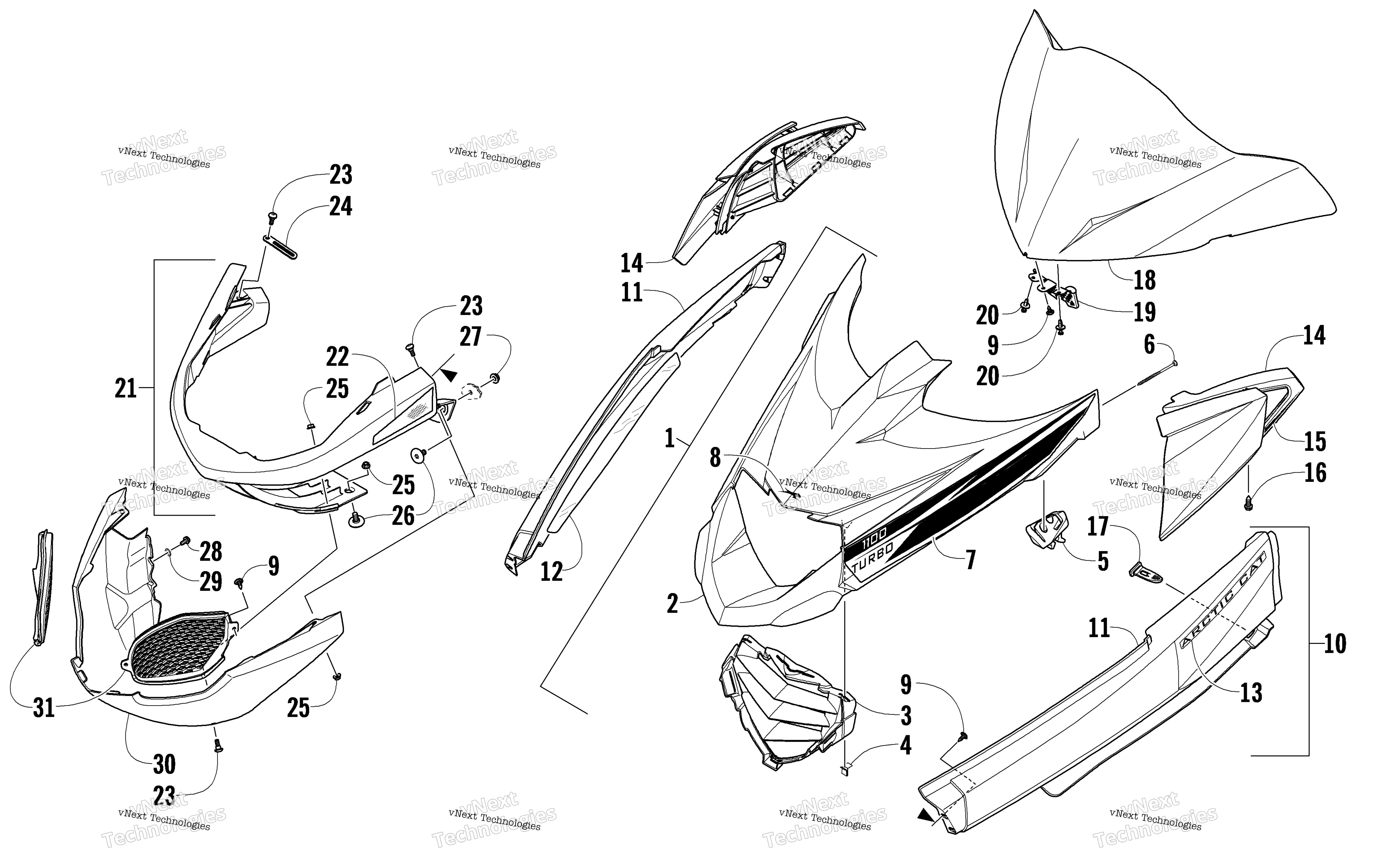 Hood, Windshield, и передний Bumper узел
