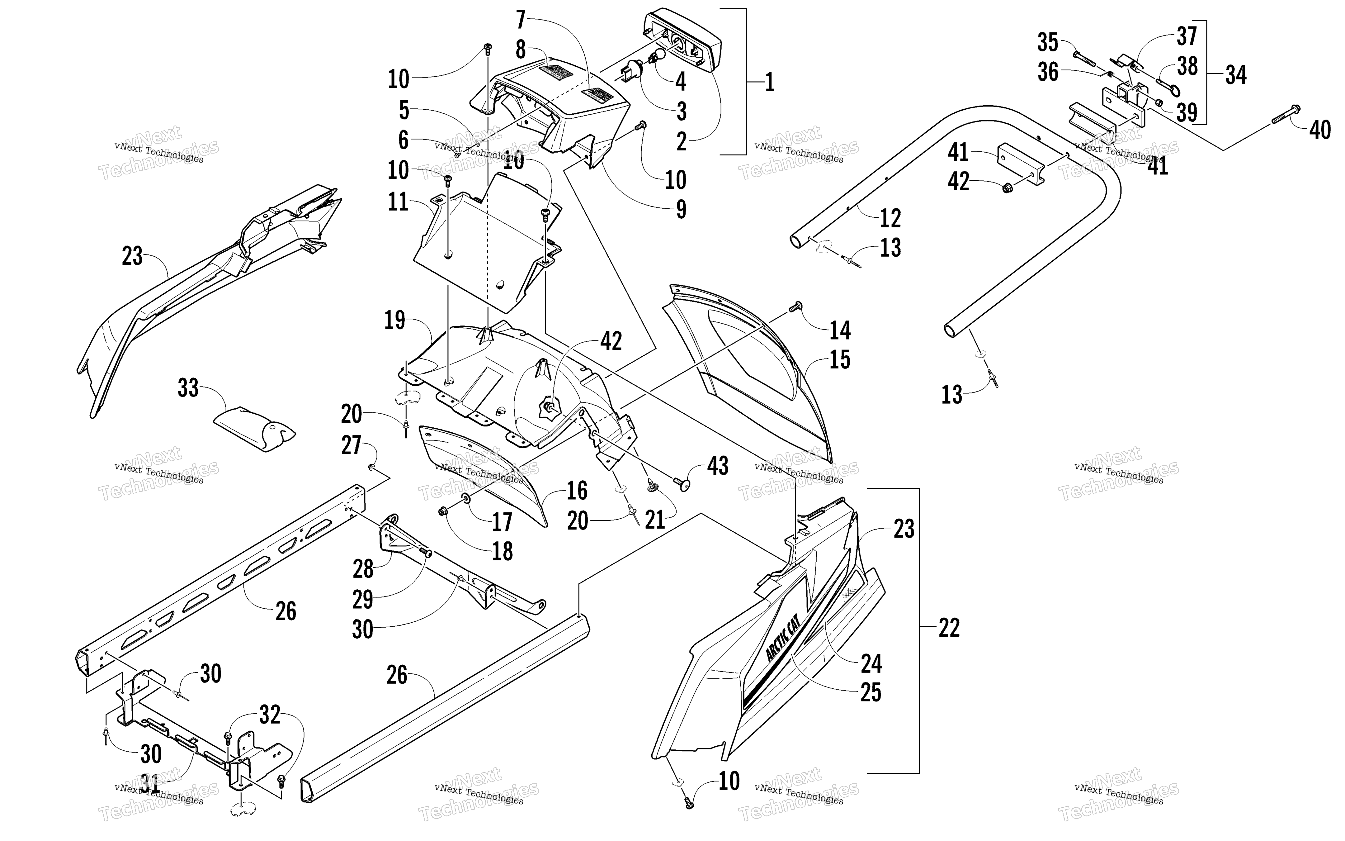 задний Bumper, Hitch, полка Rail, Snowflap, и Taillight узел
