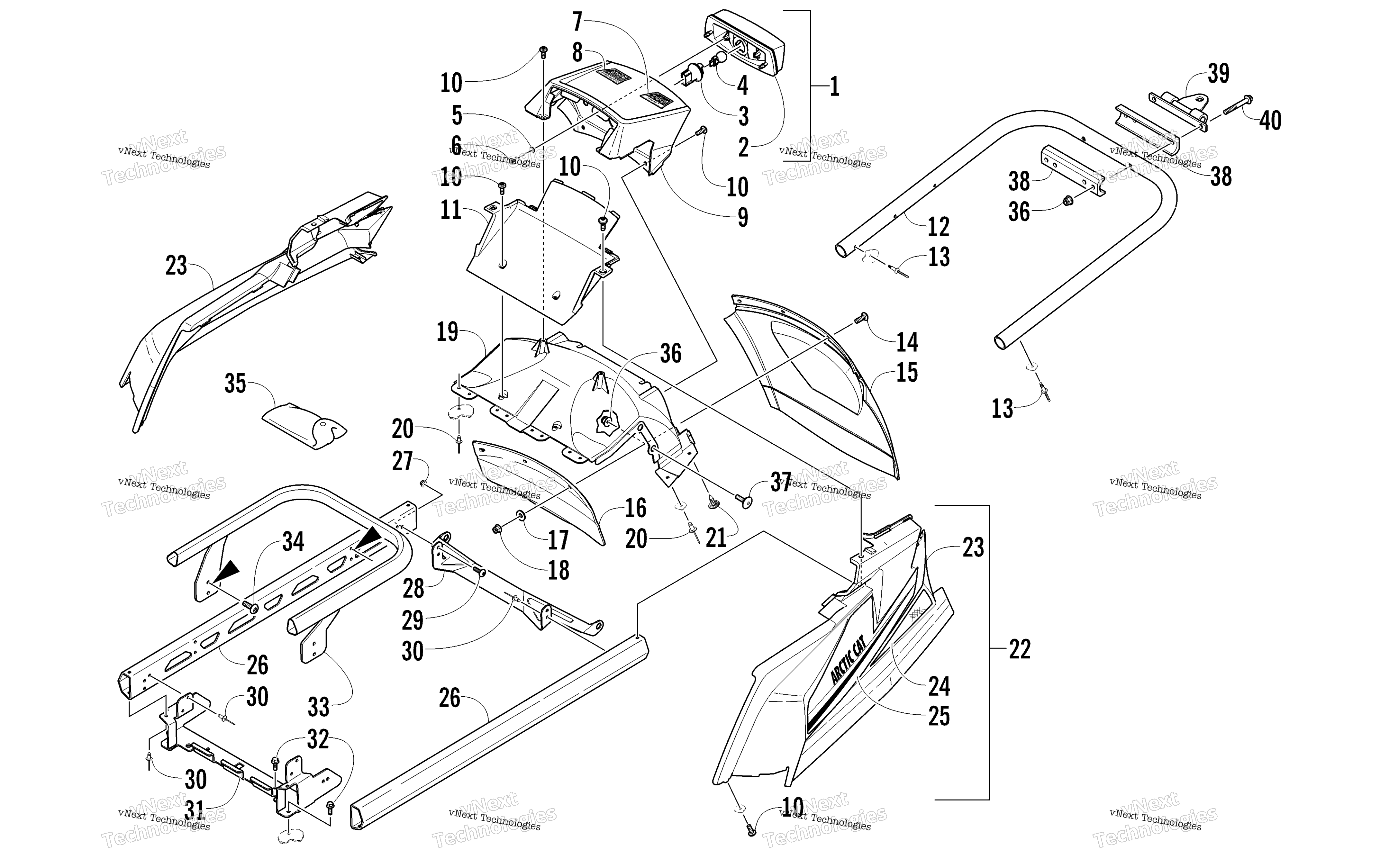 задний Bumper, Hitch, полка Rail, Snowflap, и Taillight узел