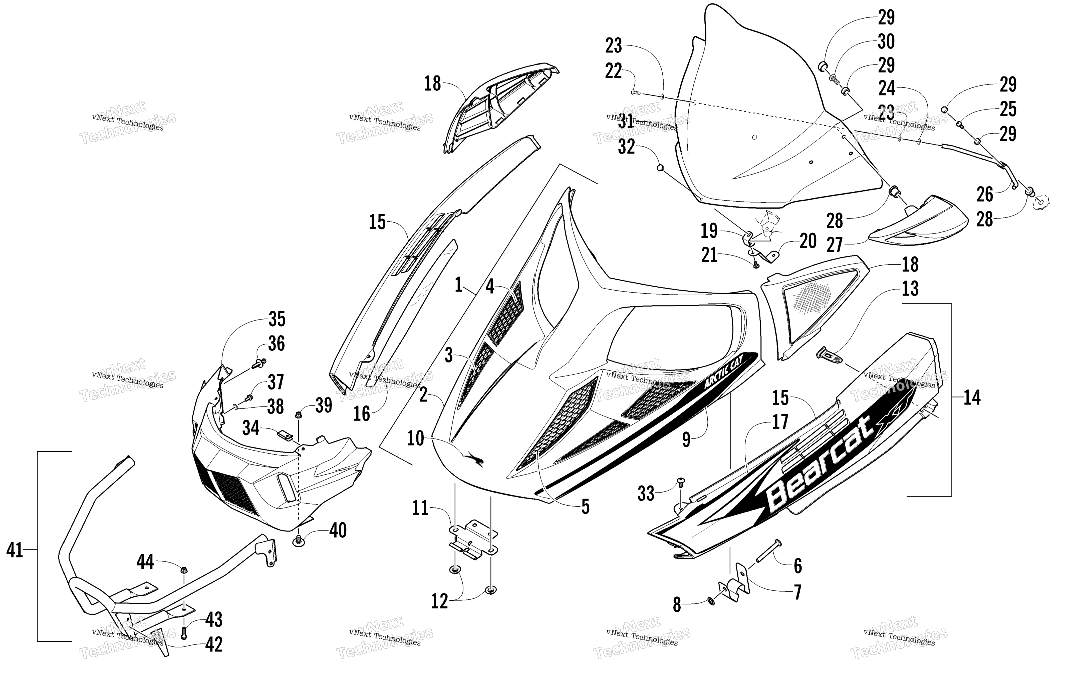 Hood, Windshield, и передний Bumper узел