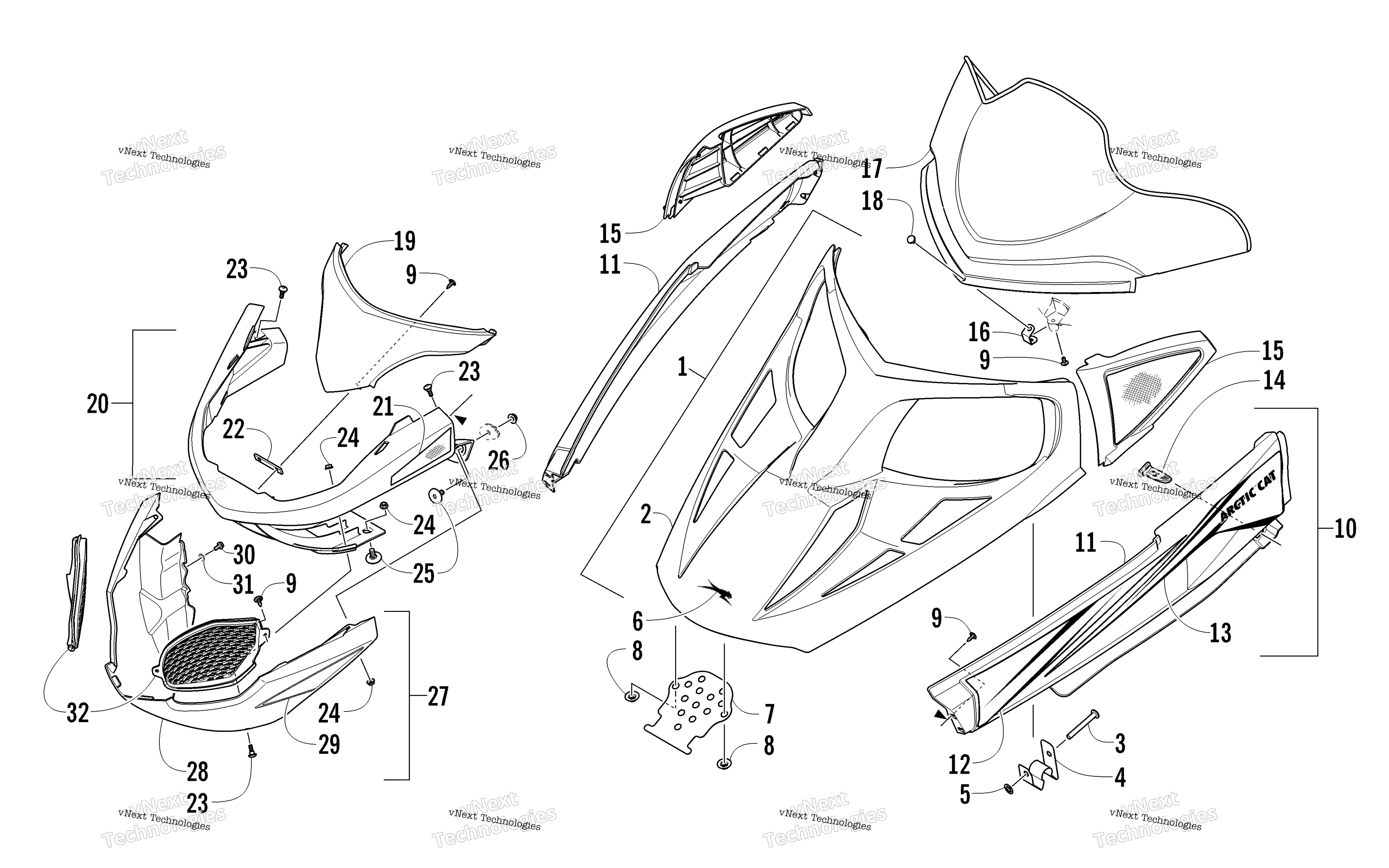 Hood, Windshield, и передний Bumper узел