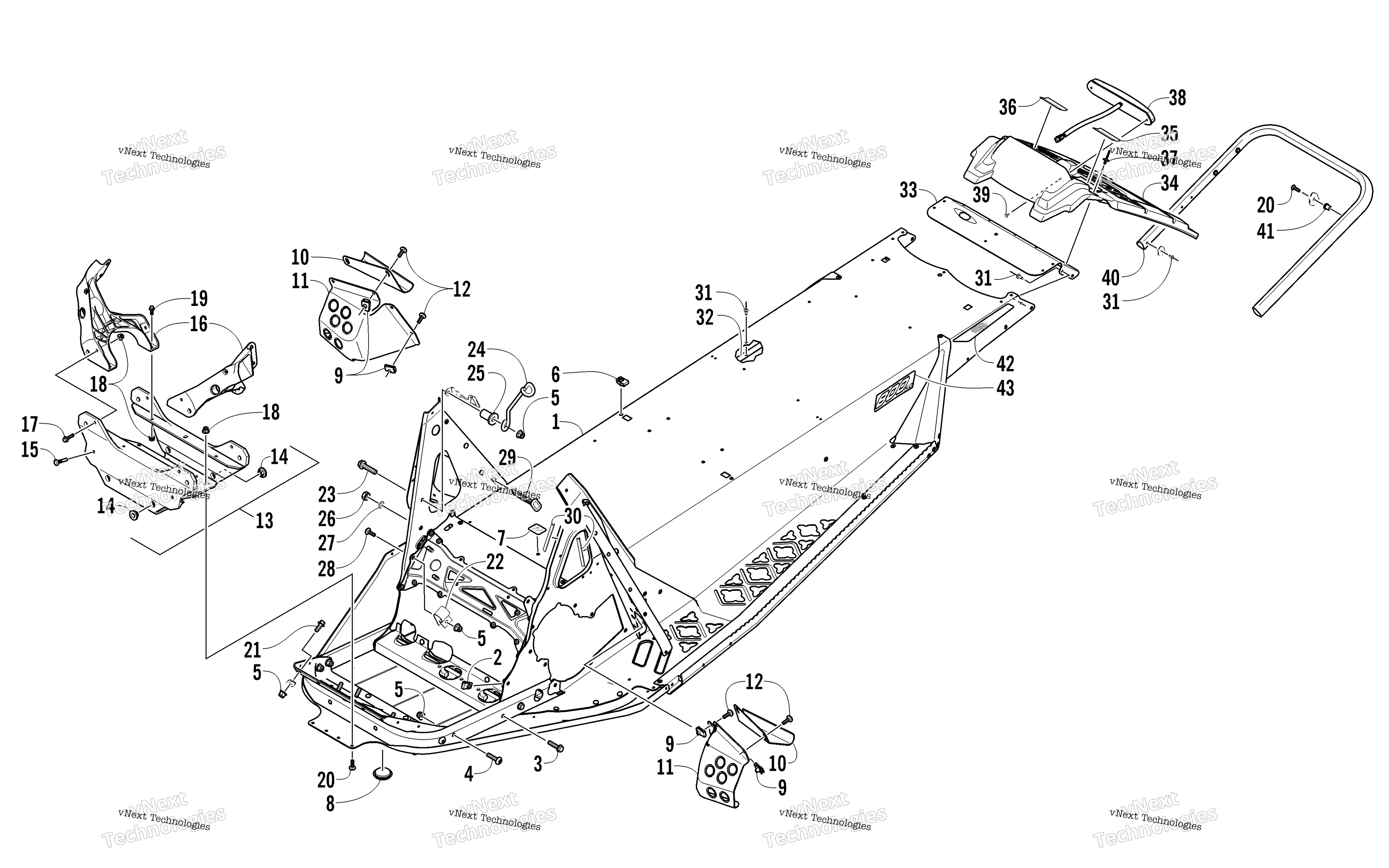 Chassis, задний Bumper, и Snowflap узел