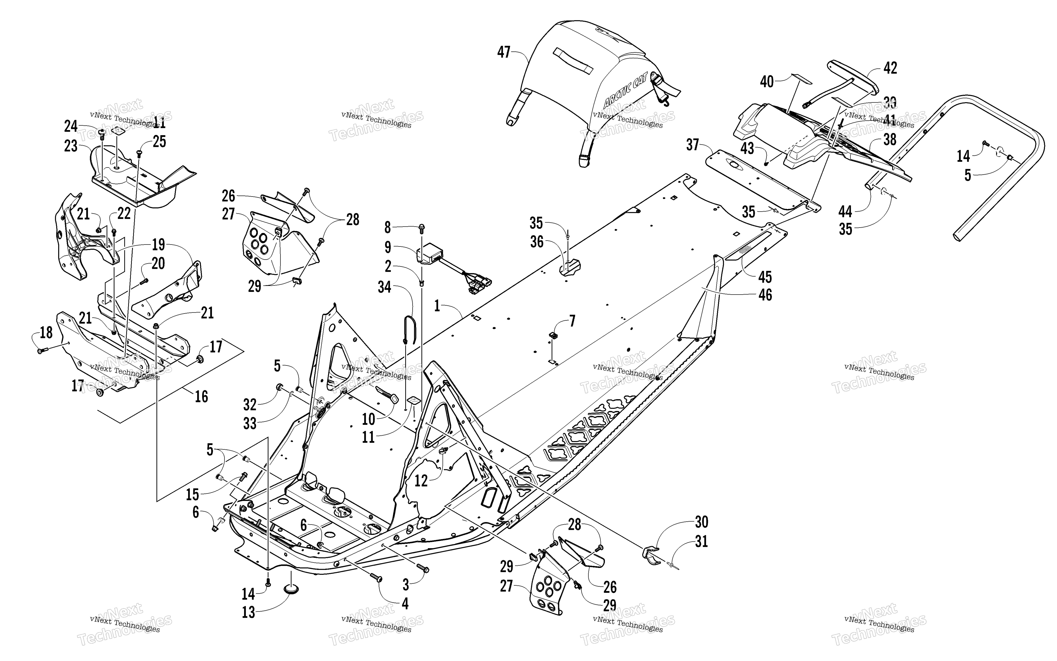 Chassis, задний Bumper, и Snowflap узел