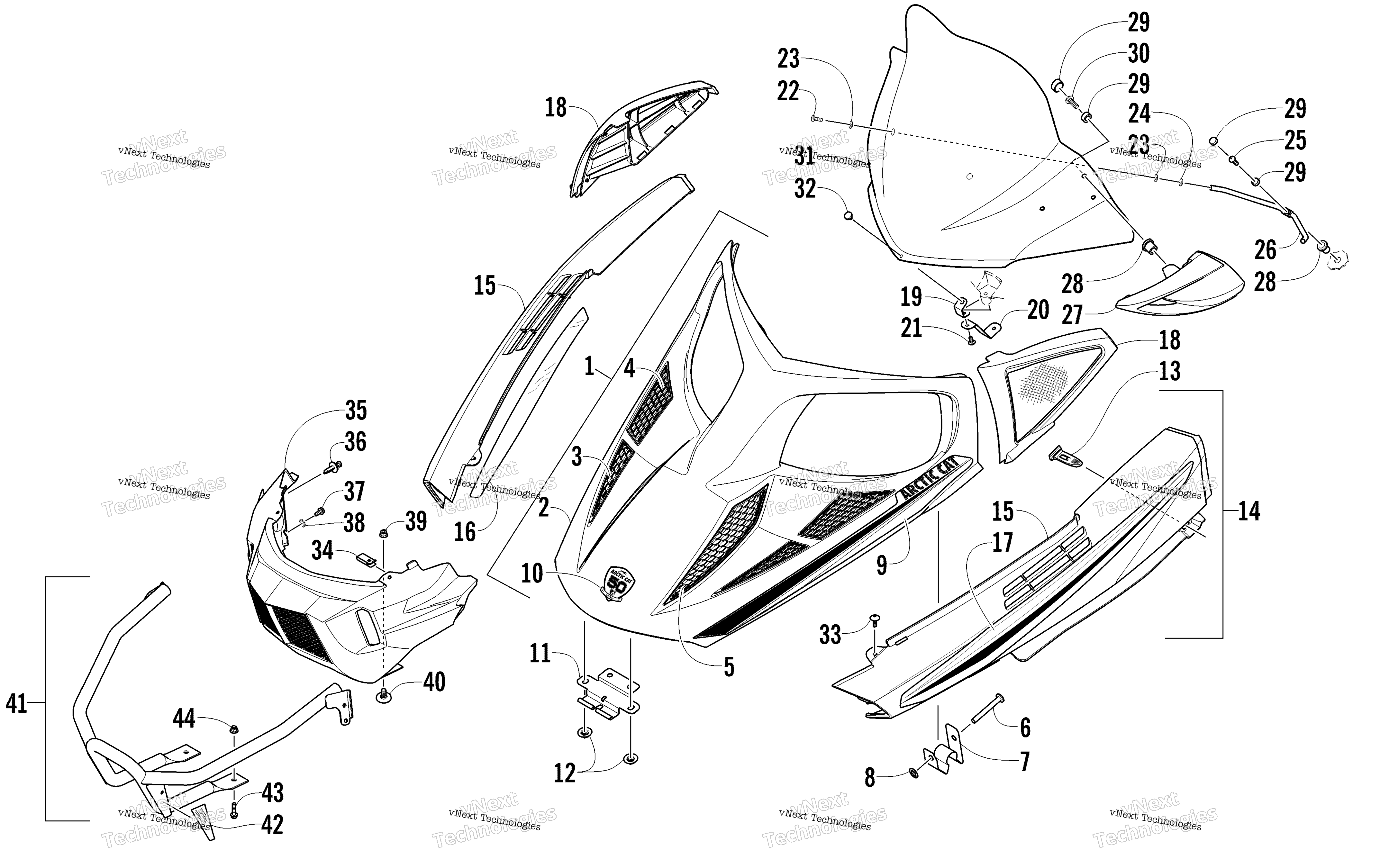 Hood, Windshield, и передний Bumper узел