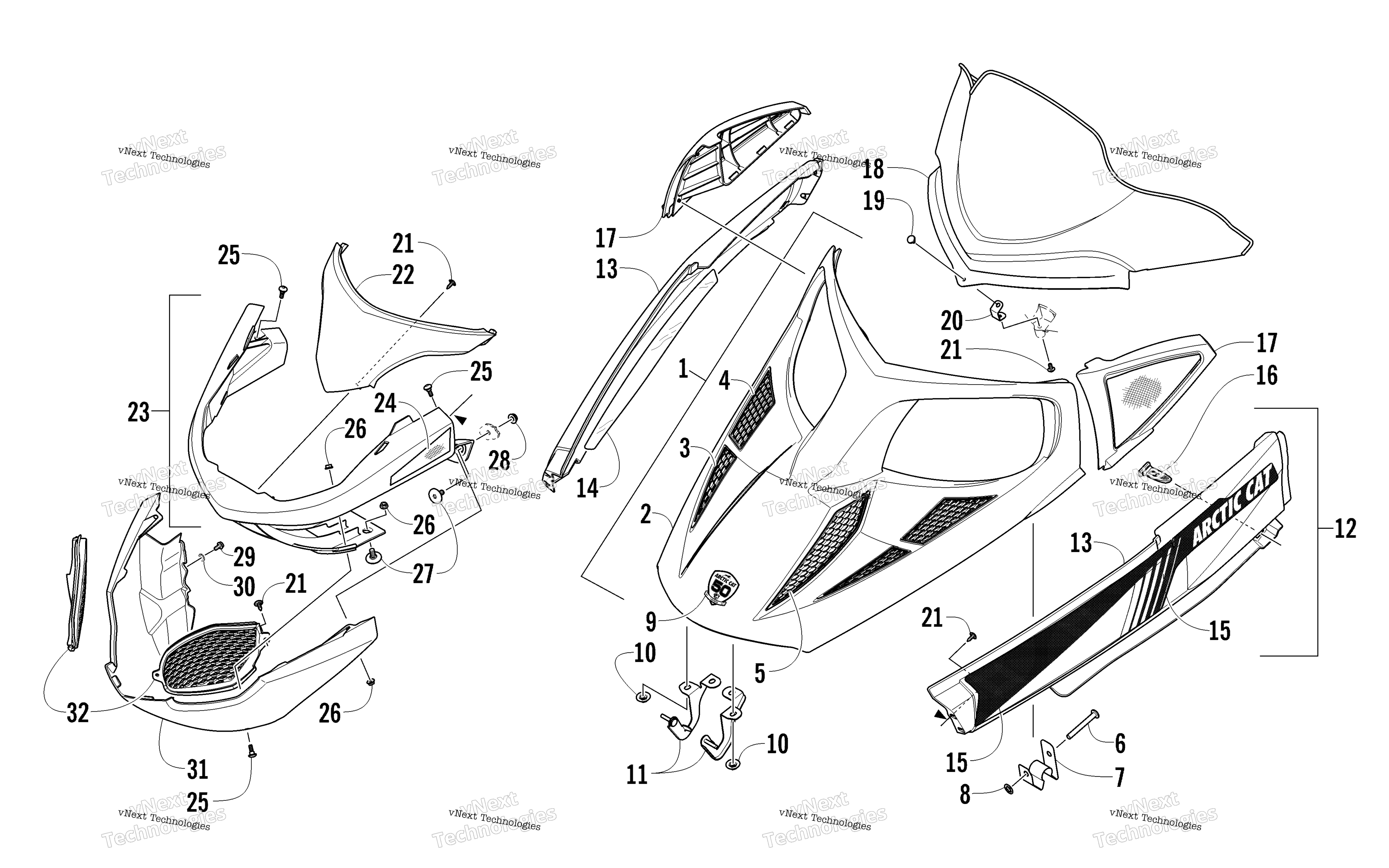 Hood, Windshield, и передний Bumper узел