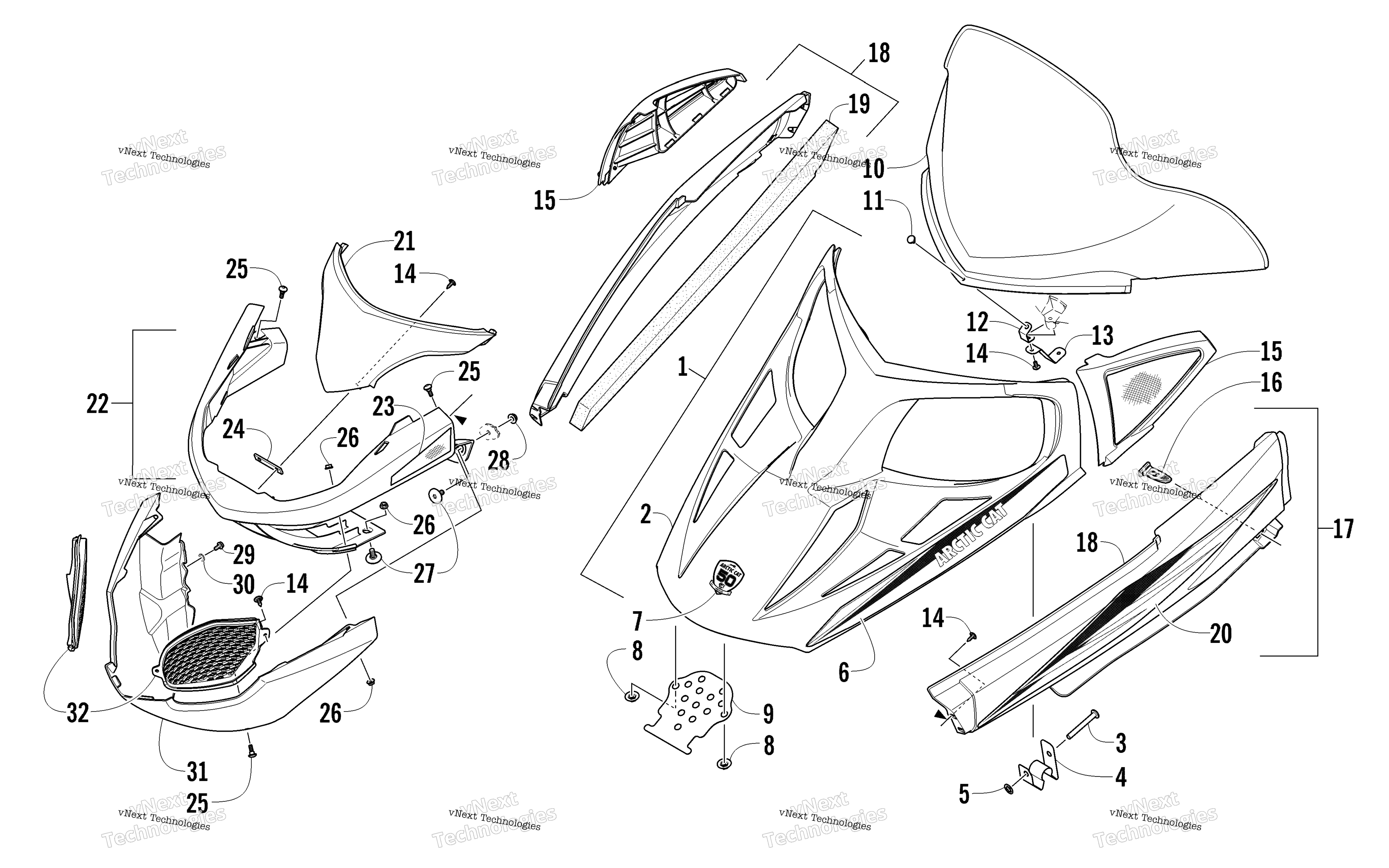 Hood, Windshield, и передний Bumper узел