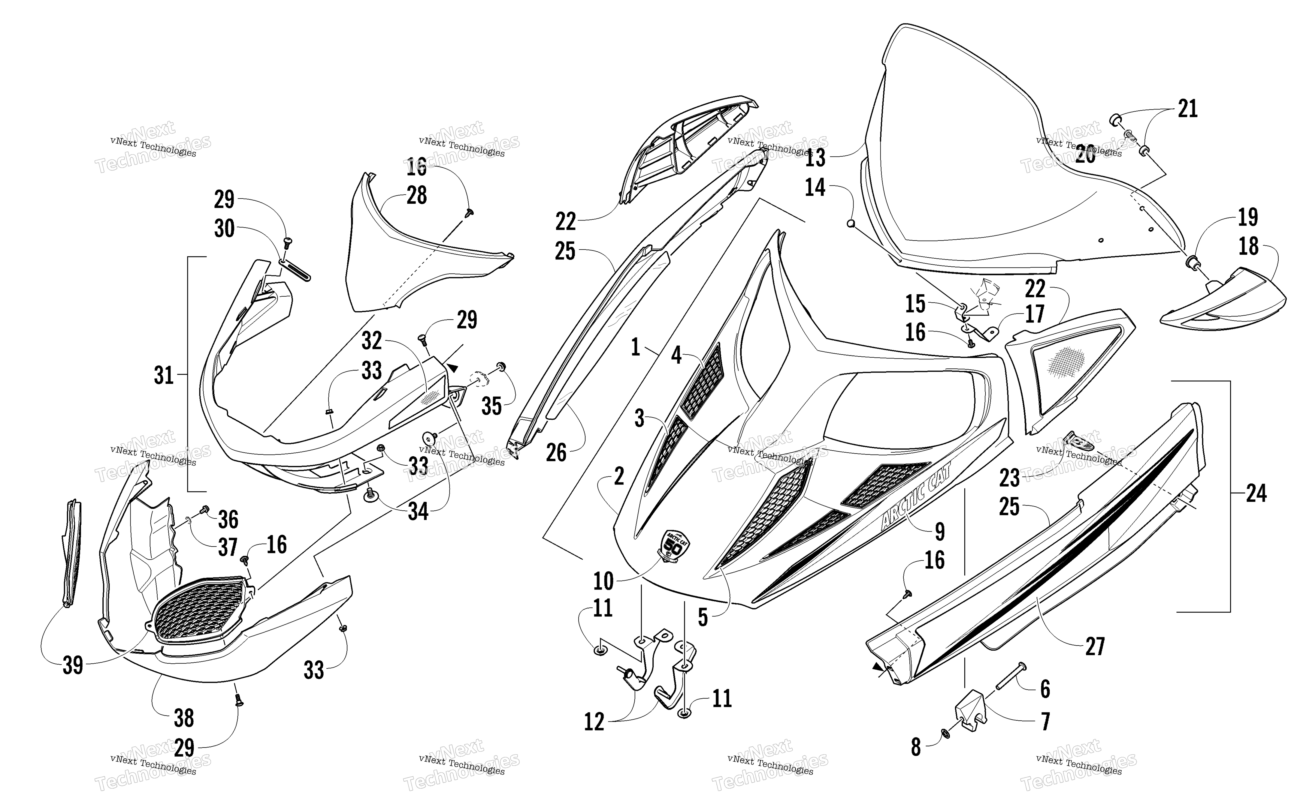 Hood, Windshield, и передний Bumper узел