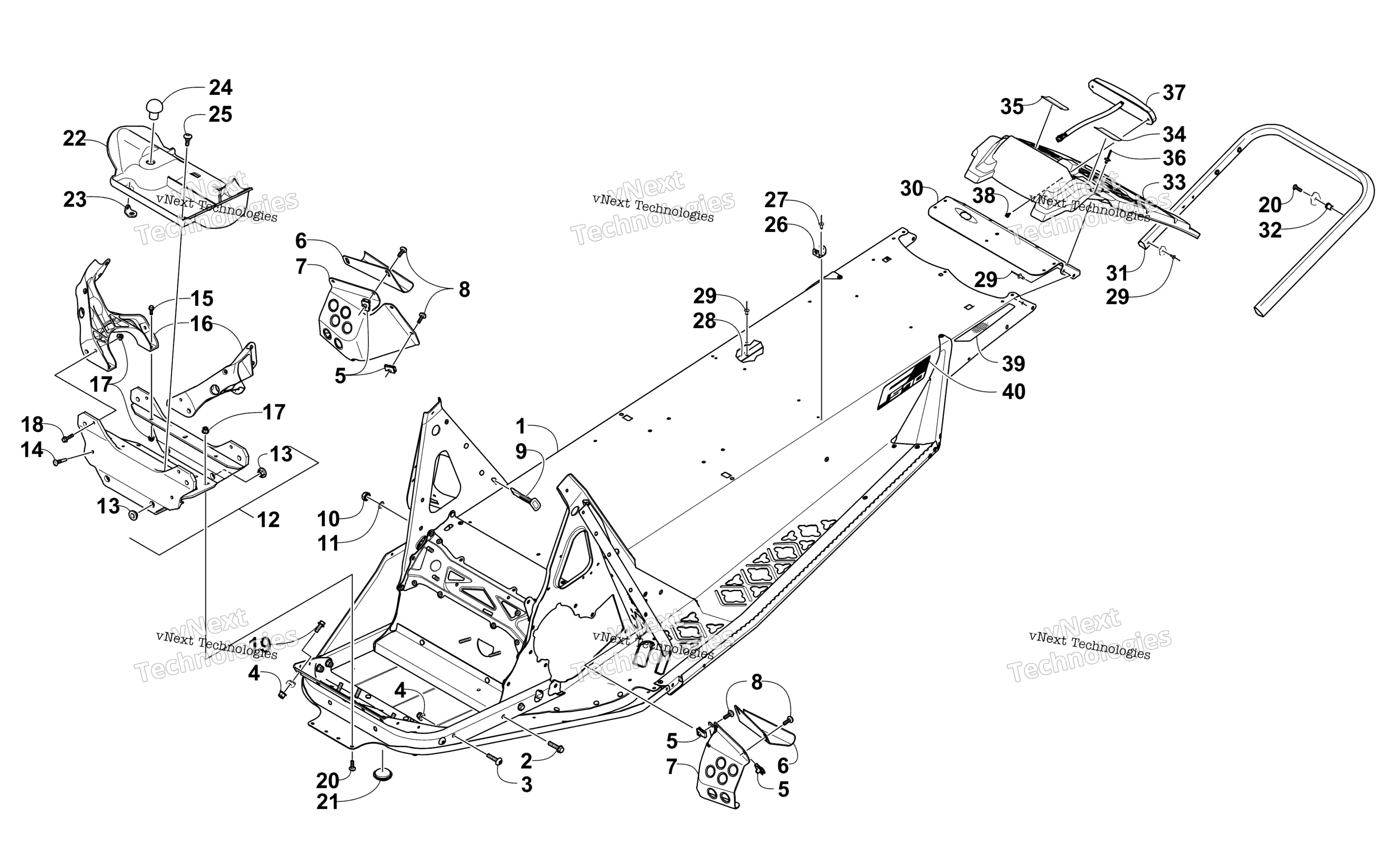 Chassis, задний Bumper, и Snowflap узел
