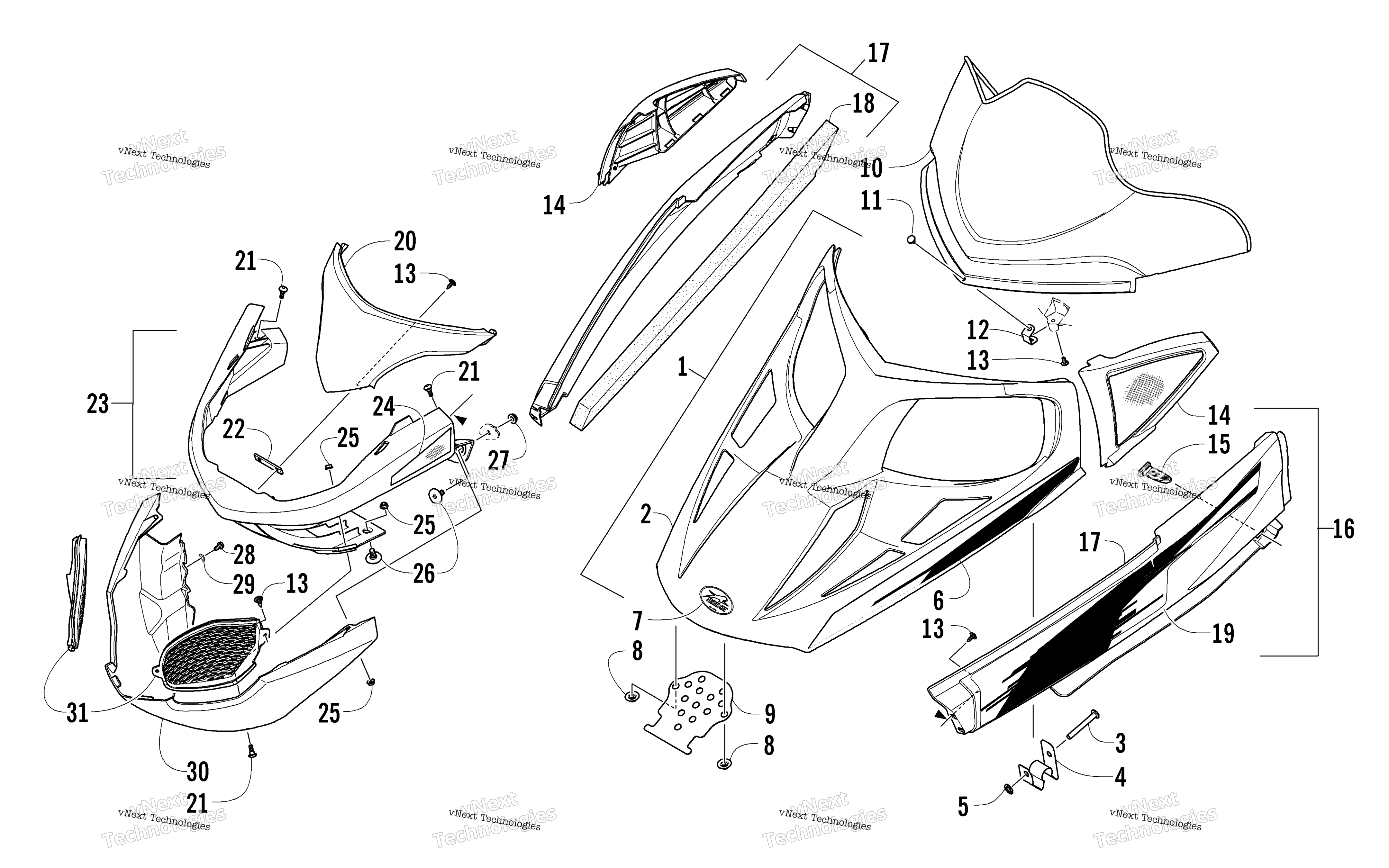 Hood, Windshield, и передний Bumper узел