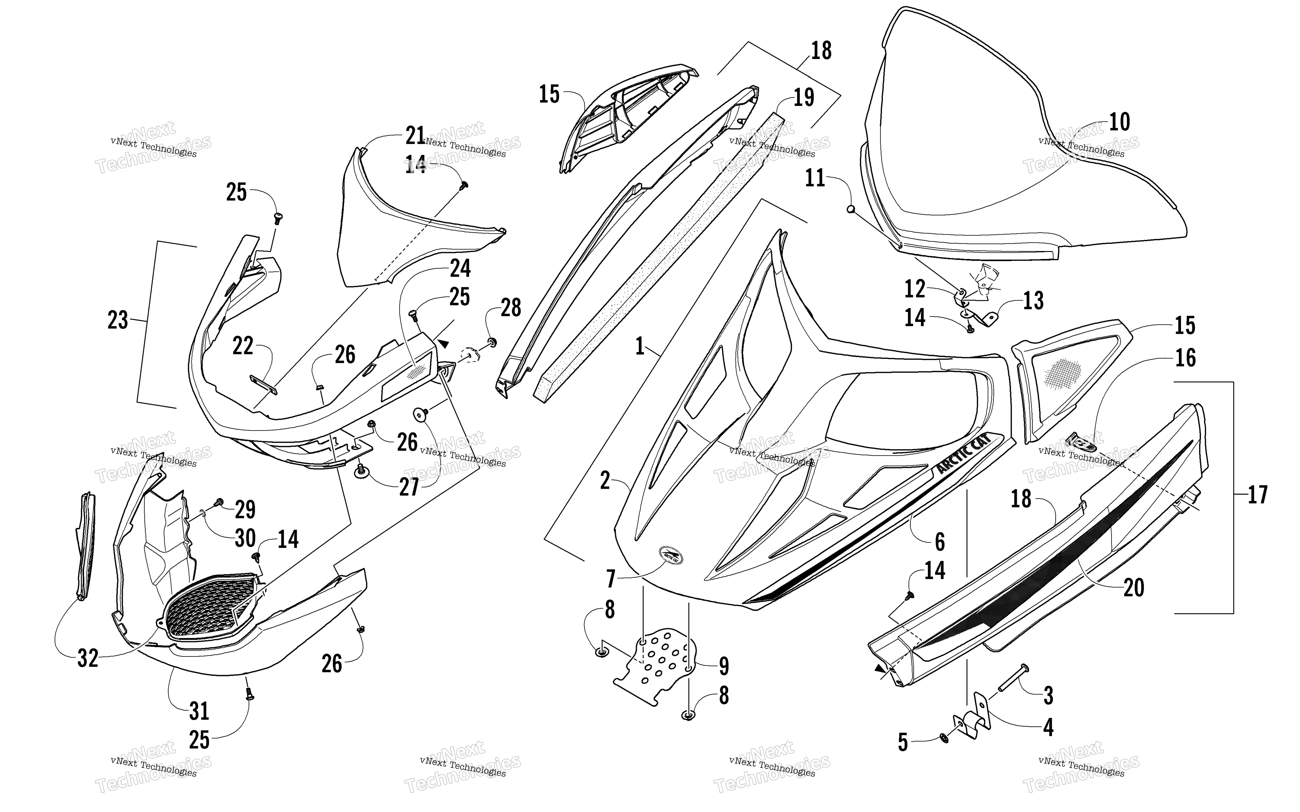 Hood, Windshield, и передний Bumper узел