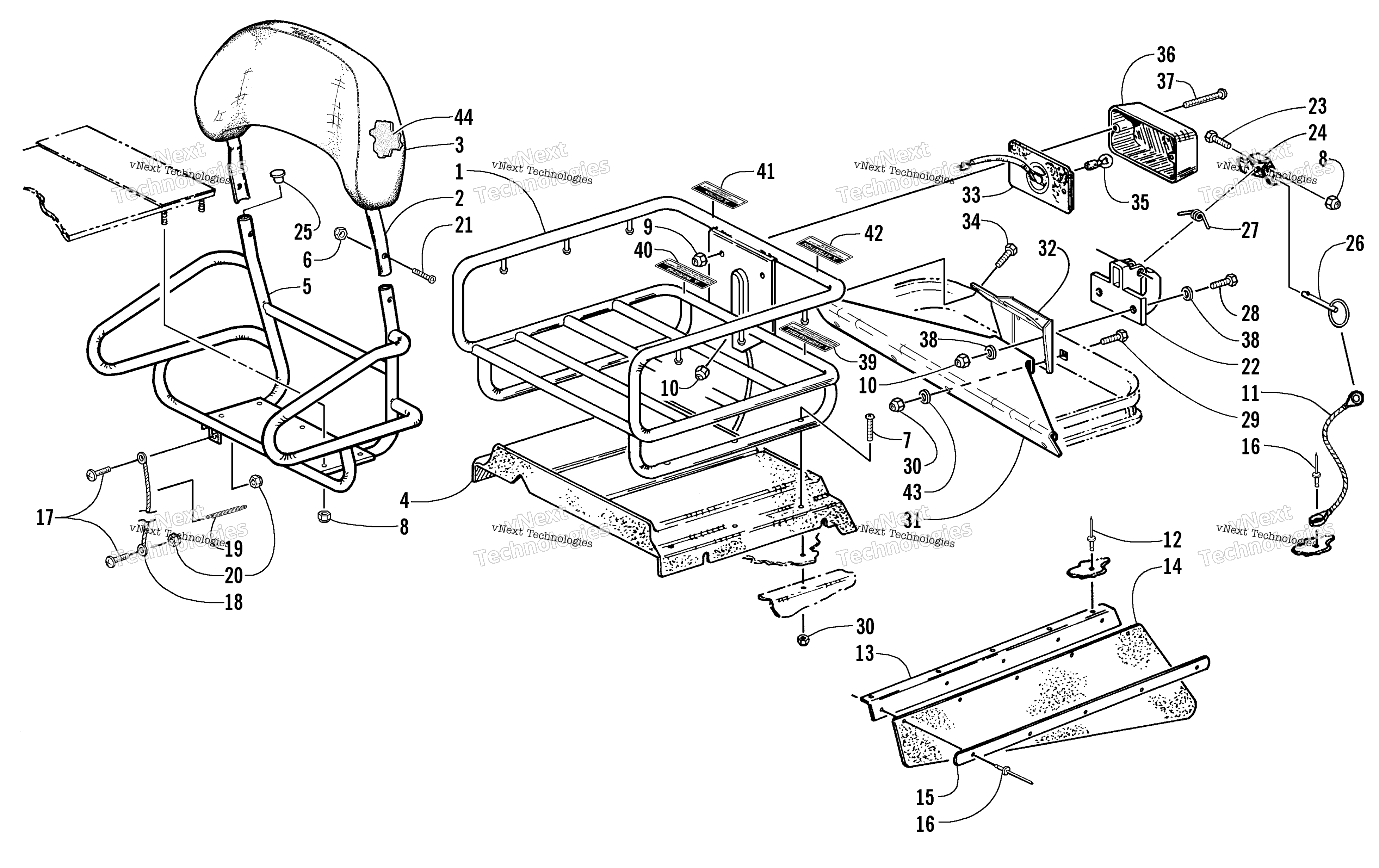 Rack, Backrest, Hitch, и Taillight Assemblies