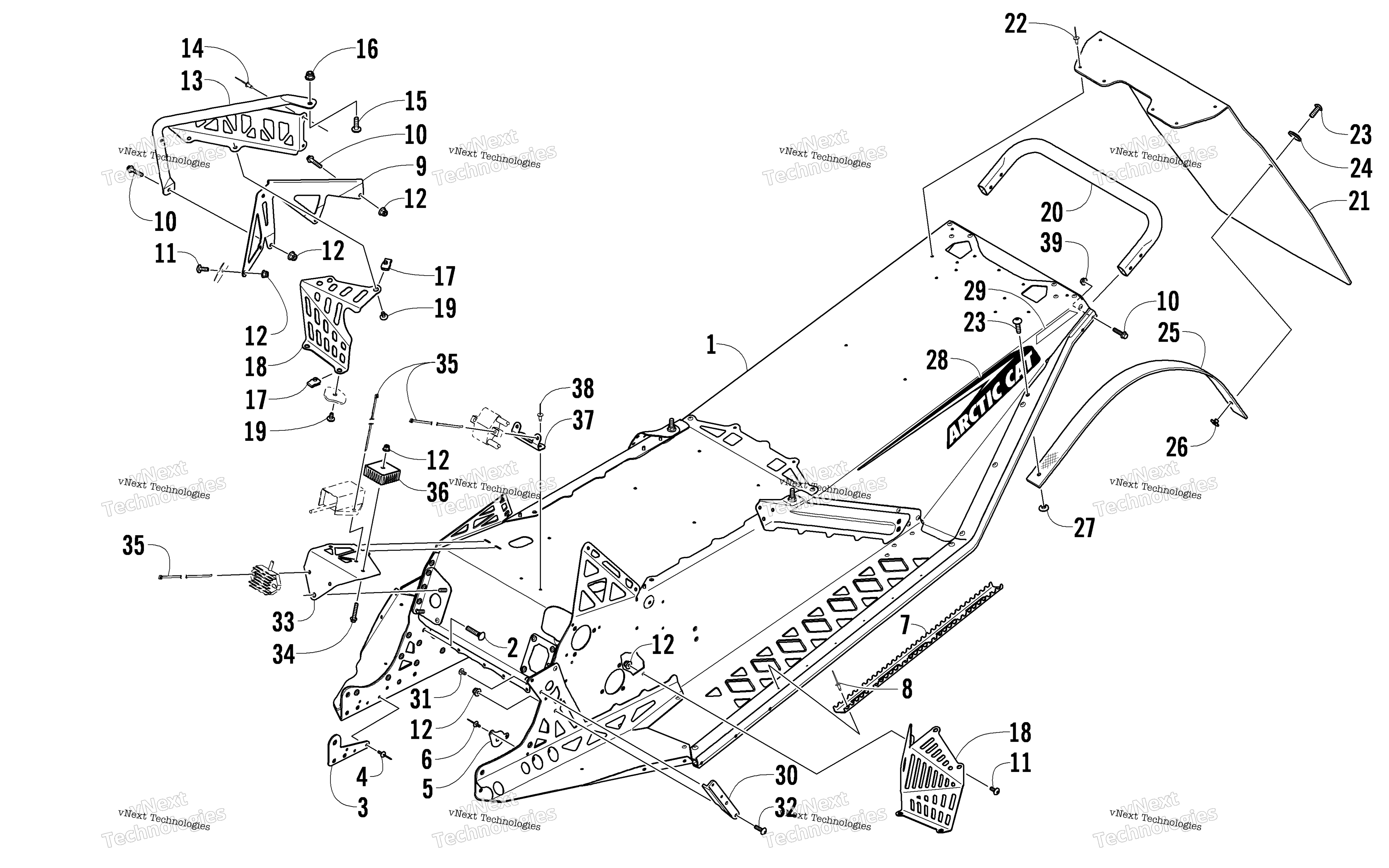 Chassis, задний Bumper, и Snowflap узел