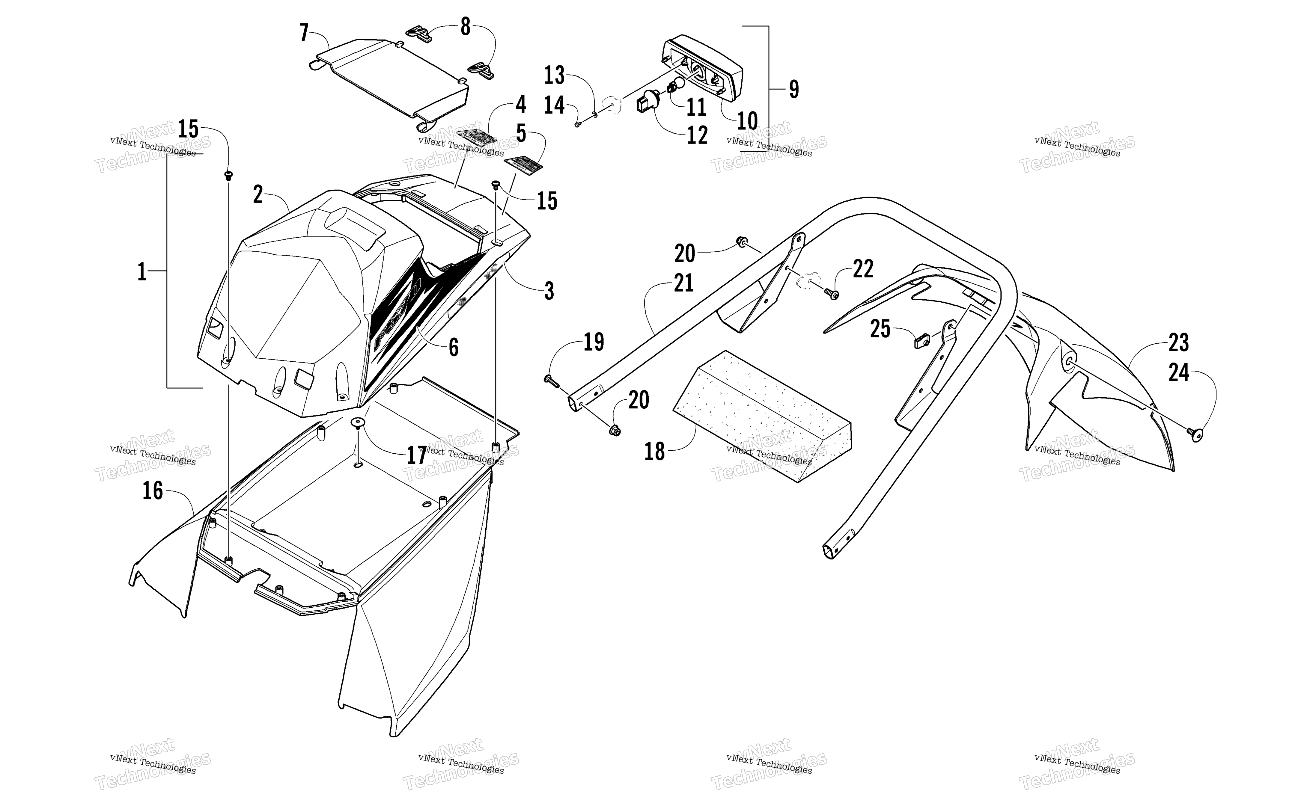 задний Bumper, Storage Box, Snowflap, и Taillight узел