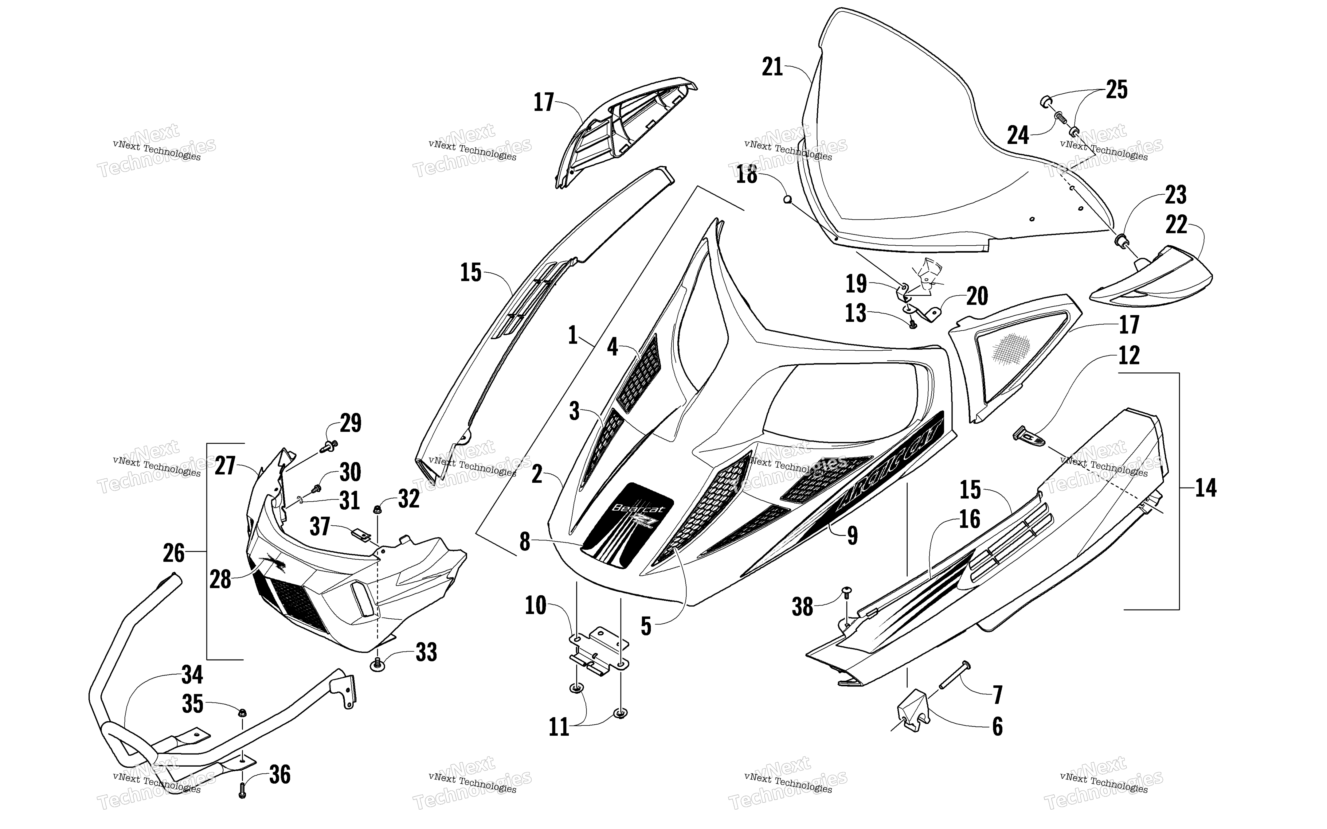 Hood, Windshield, и передний Bumper узел