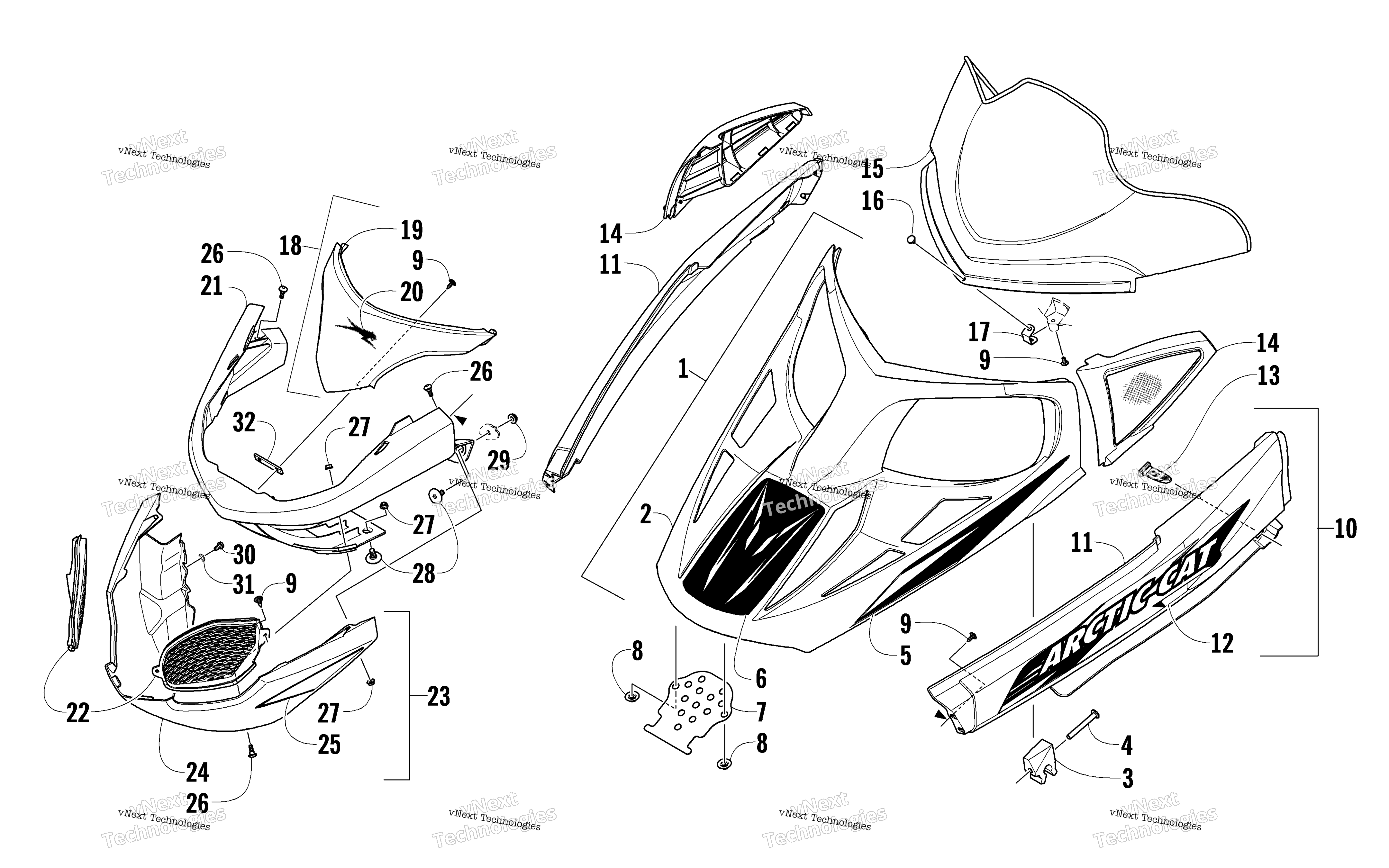 Hood, Windshield, и передний Bumper узел