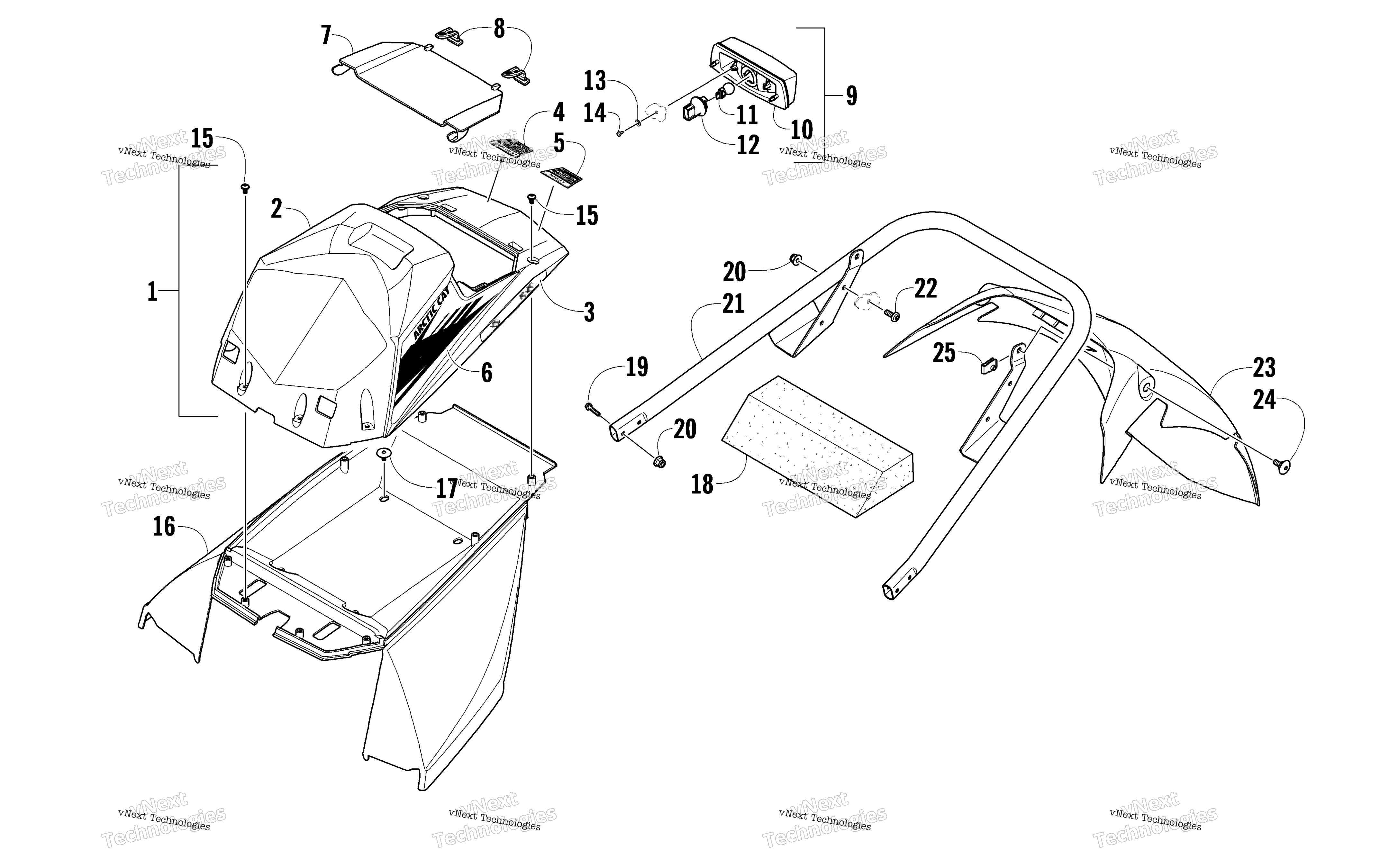 задний Bumper, Storage Box, Snowflap, и Taillight узел
