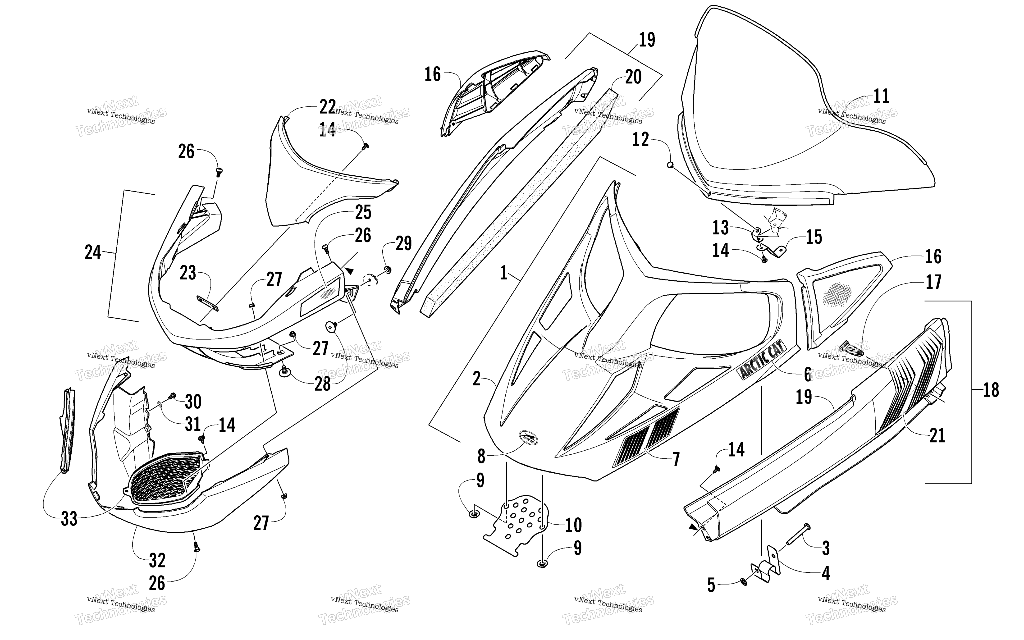 Hood, Windshield, и передний Bumper узел
