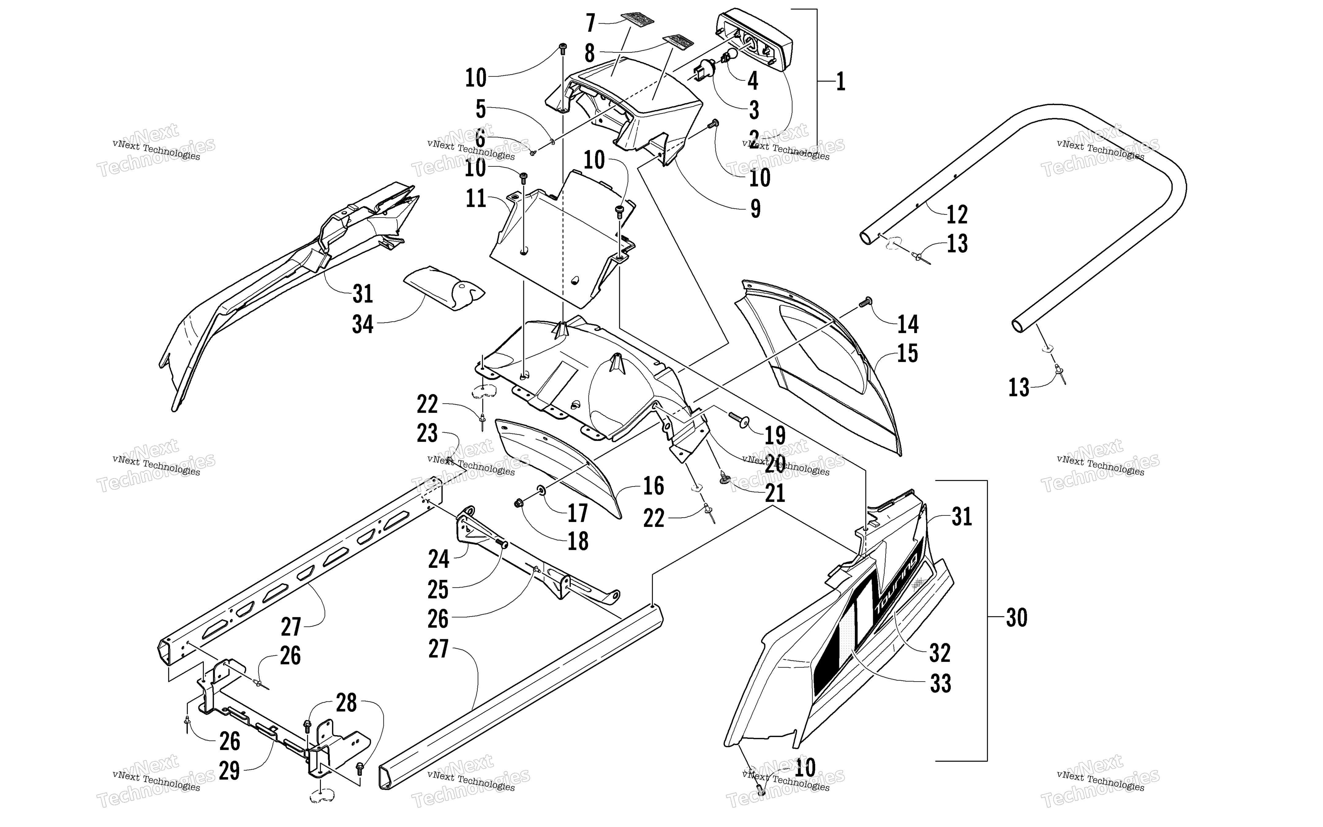задний Bumper, полка Rail, Snowflap, и Taillight узел