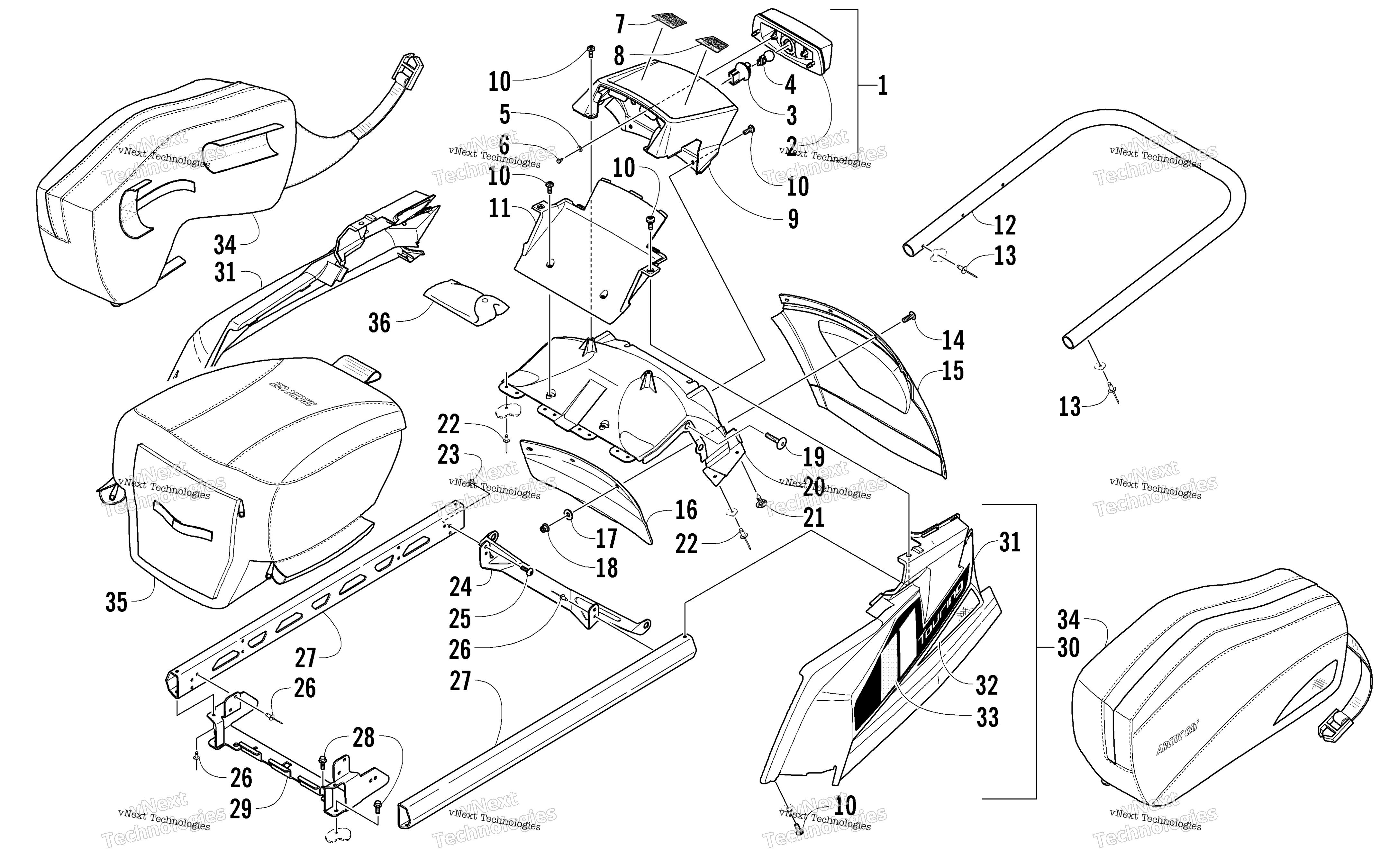 задний Bumper, полка Rail, Snowflap, и Taillight узел