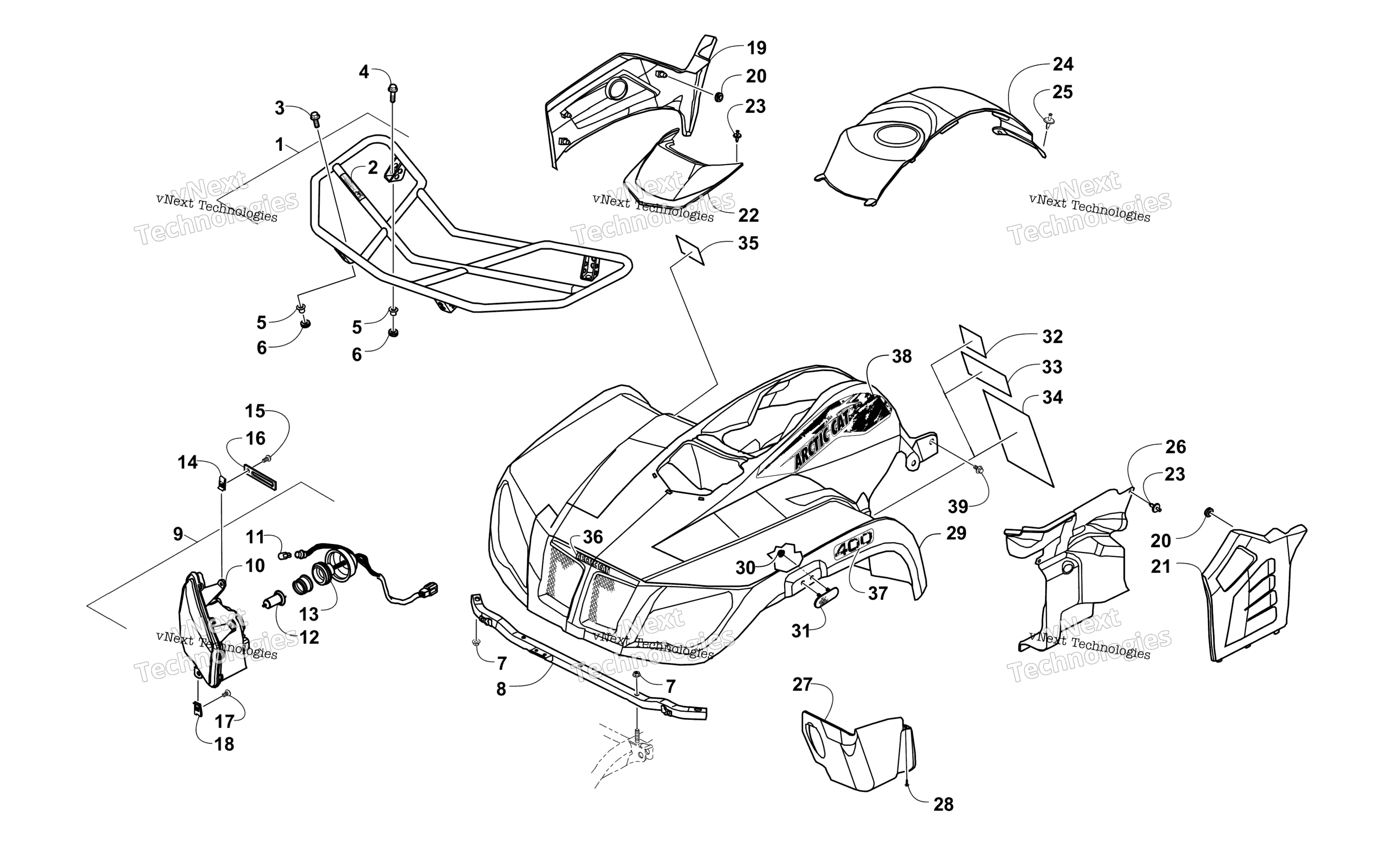 Передняя часть Body, Rack, And Headlight Assembly