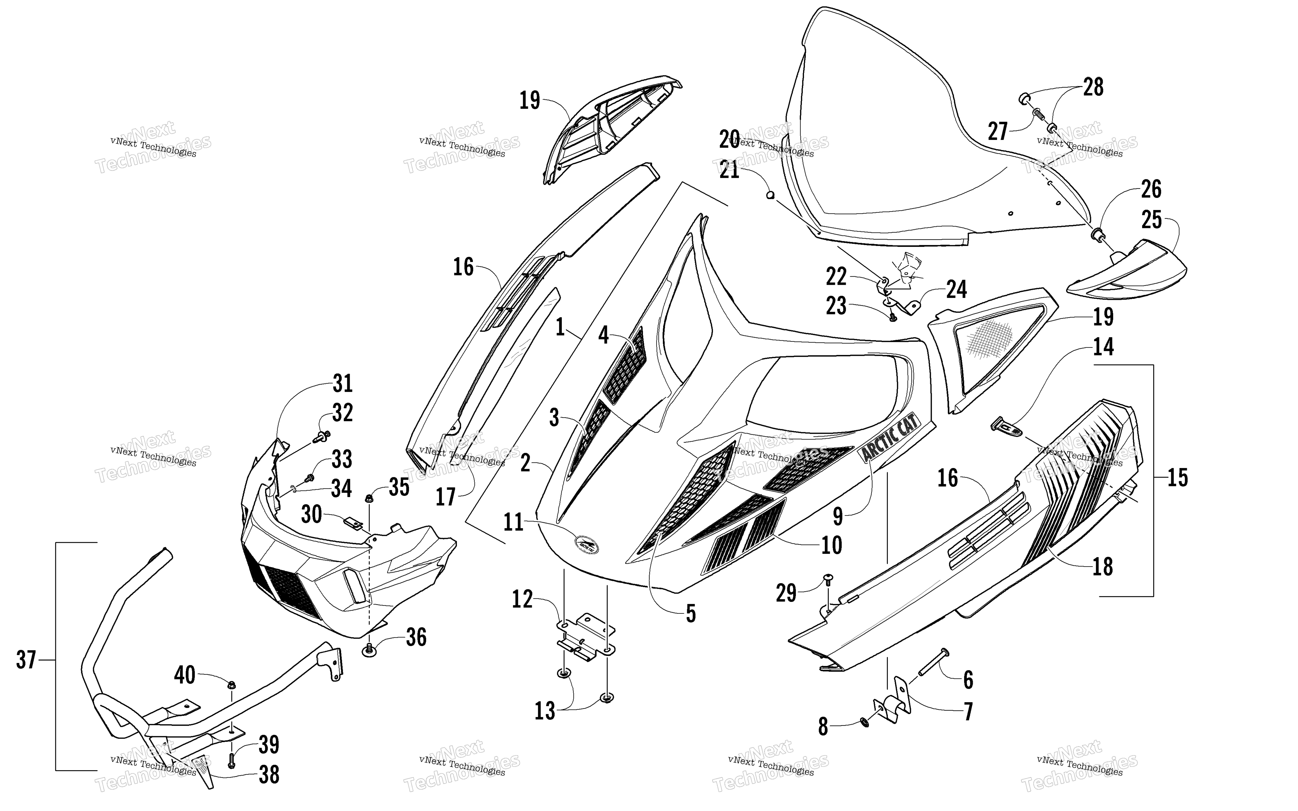 Hood, Windshield, и передний Bumper узел