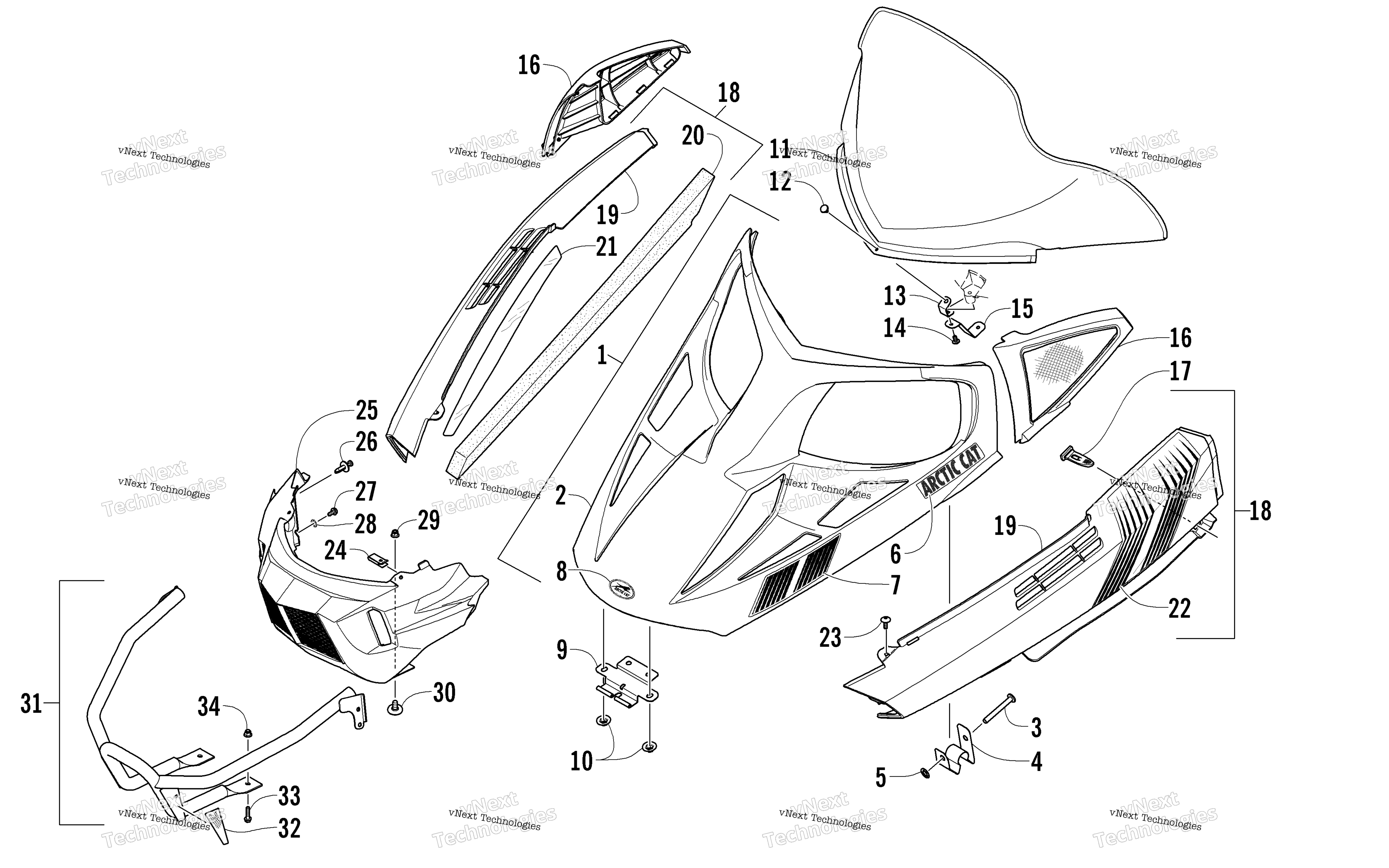 Hood, Windshield, и передний Bumper узел