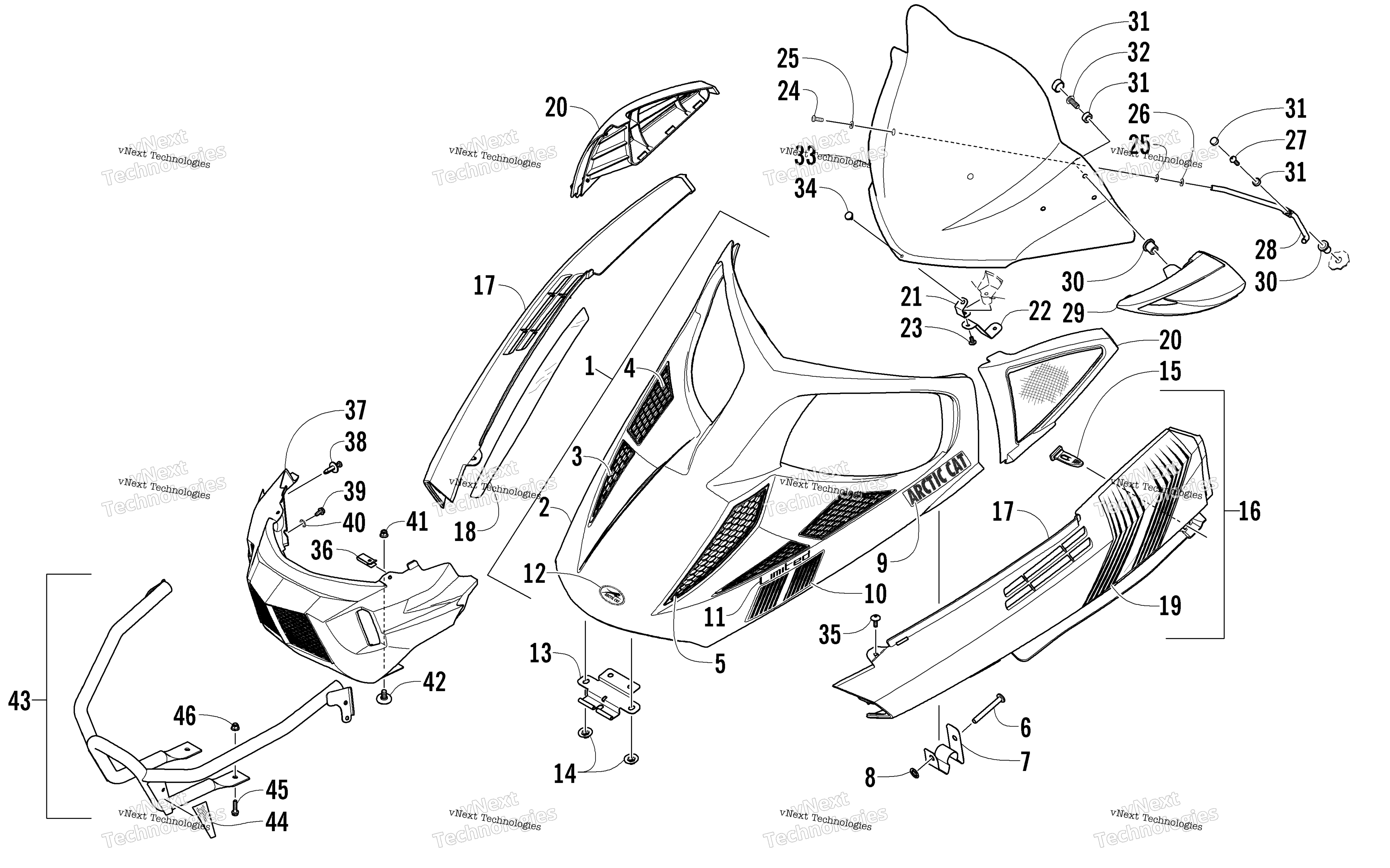 Hood, Windshield, и передний Bumper узел