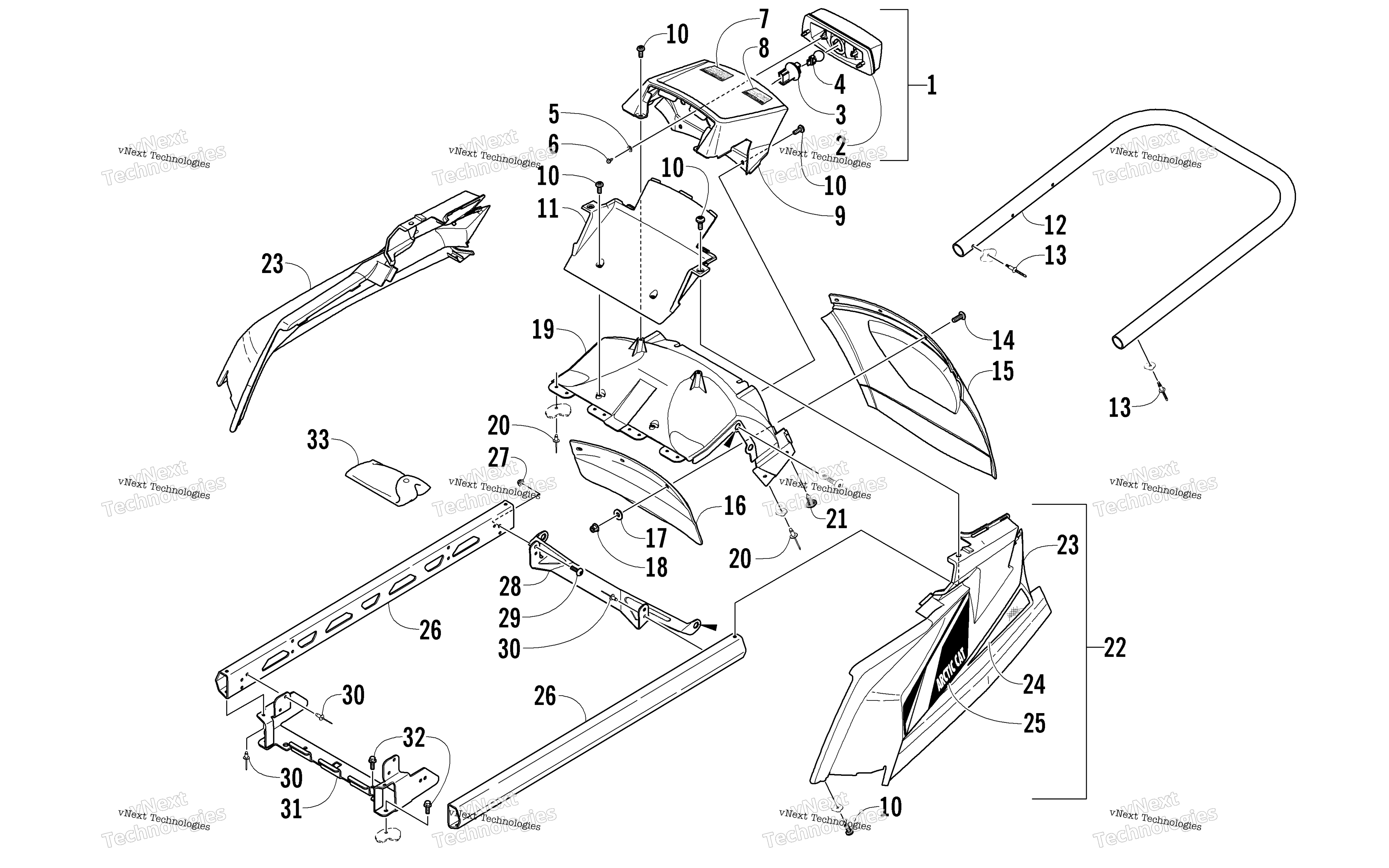 задний Bumper, полка Rail, Snowflap, и Taillight узел