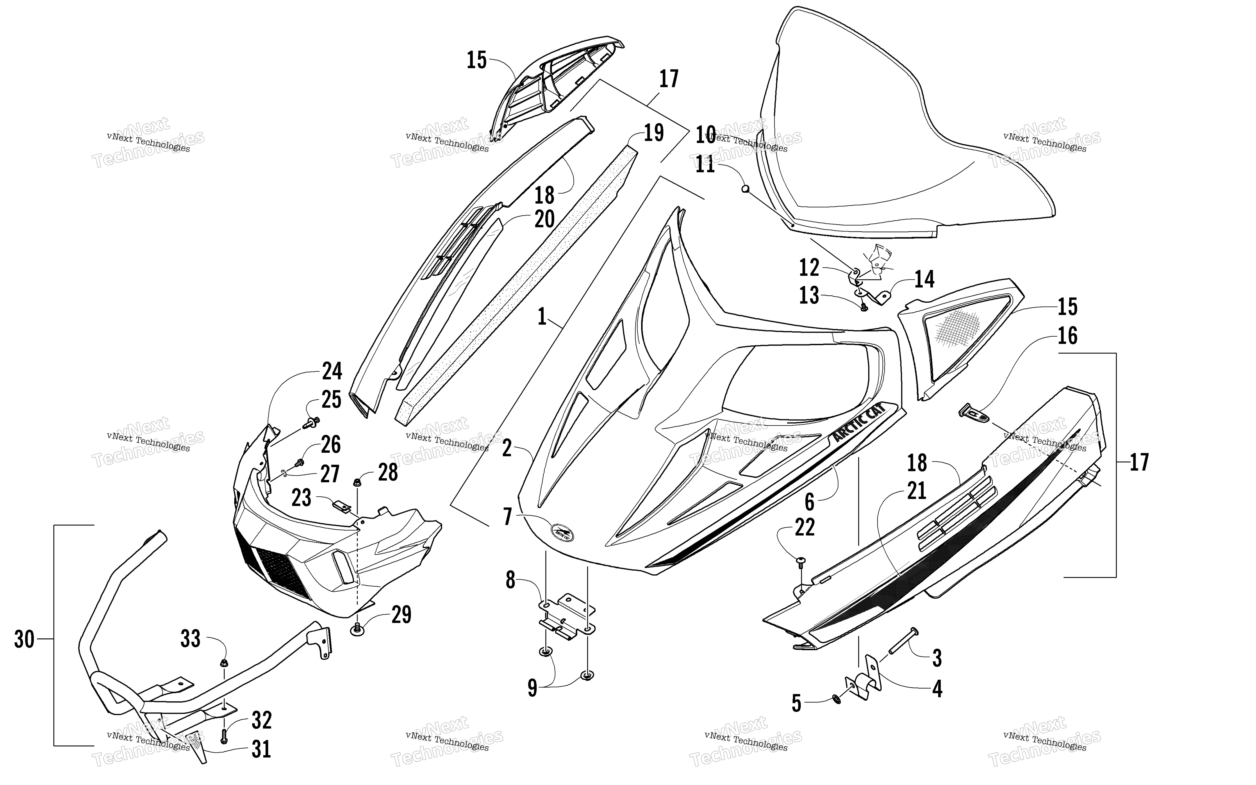 Hood, Windshield, и передний Bumper узел
