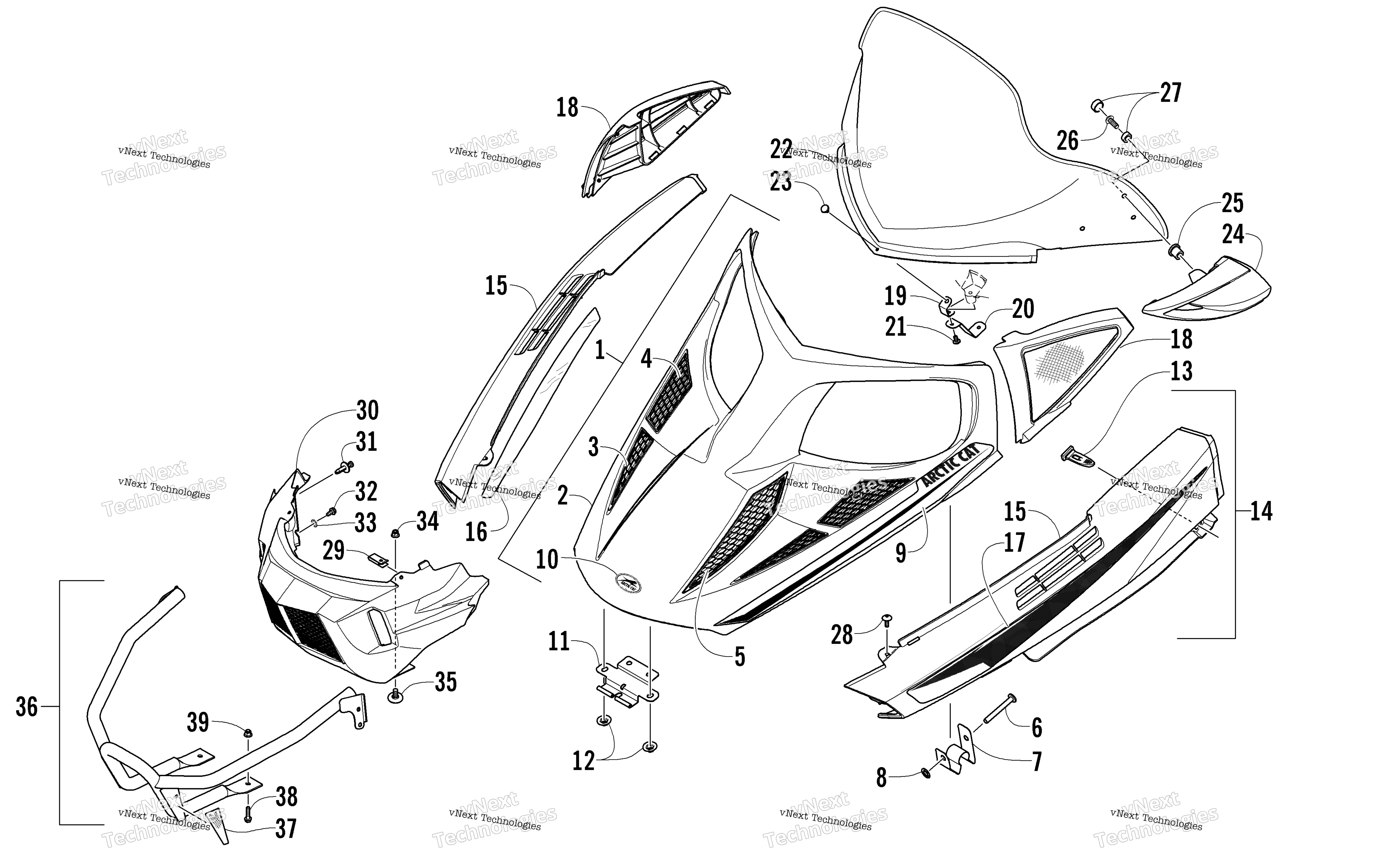 Hood, Windshield, и передний Bumper узел