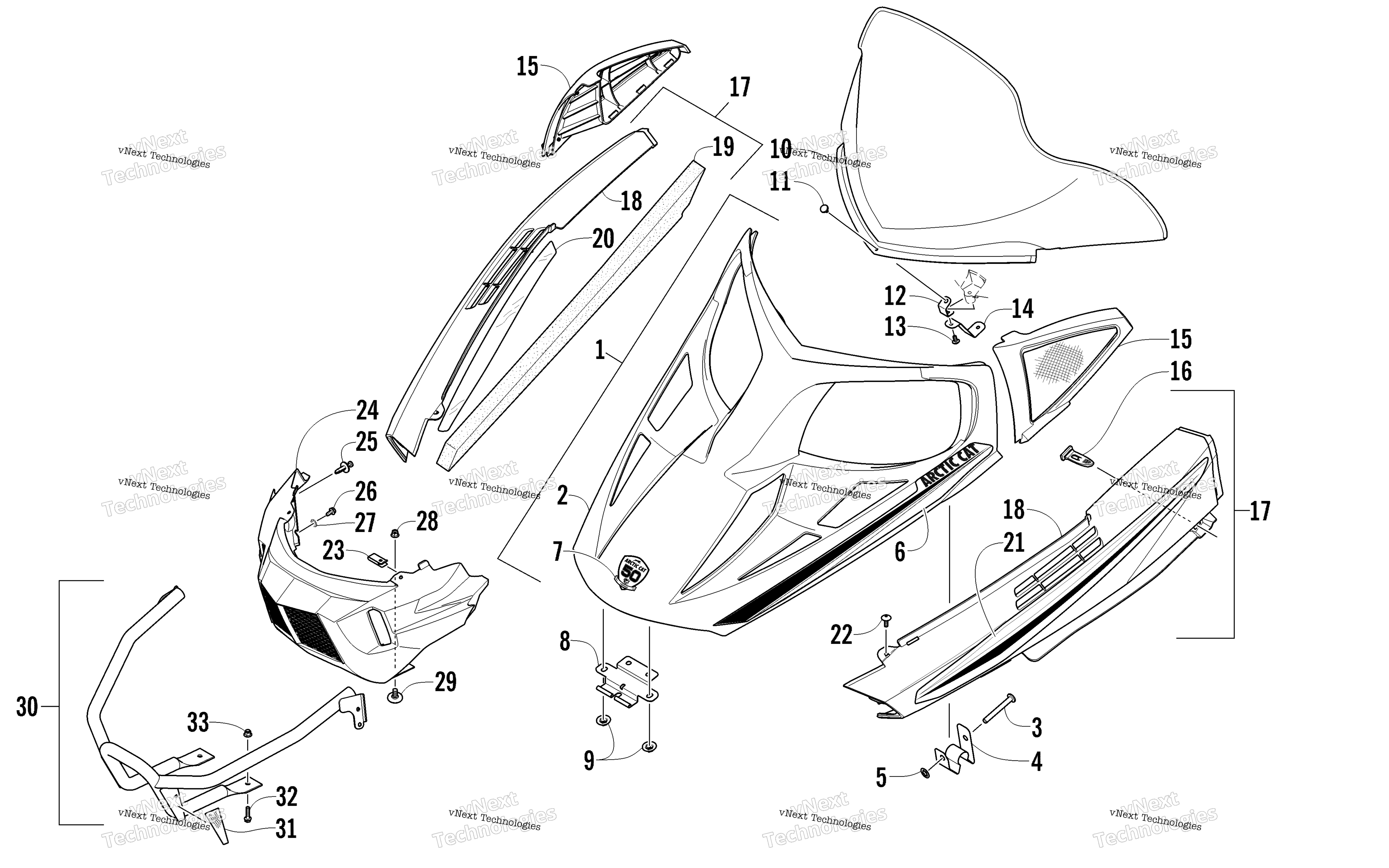 Hood, Windshield, и передний Bumper узел