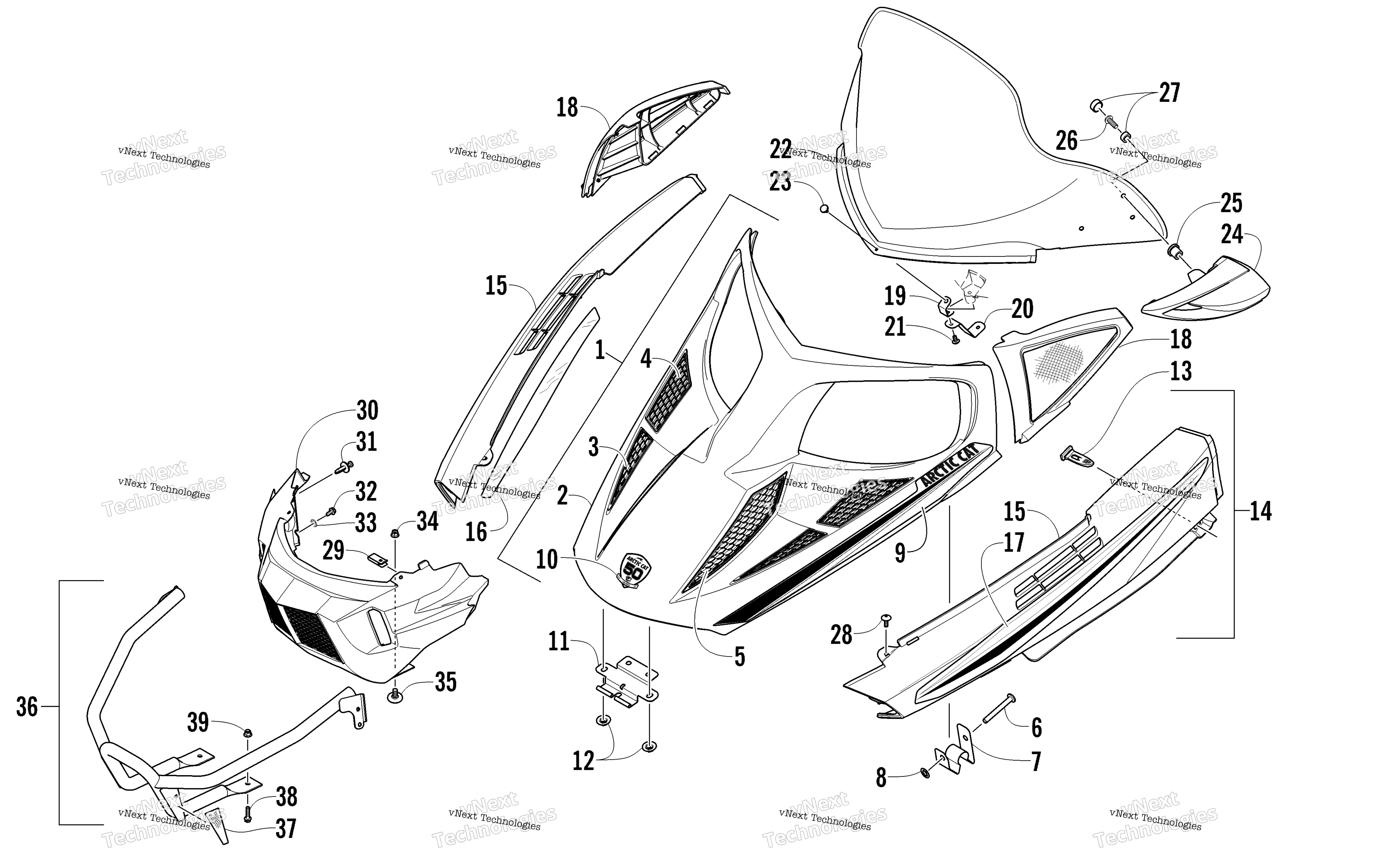 Hood, Windshield, и передний Bumper узел