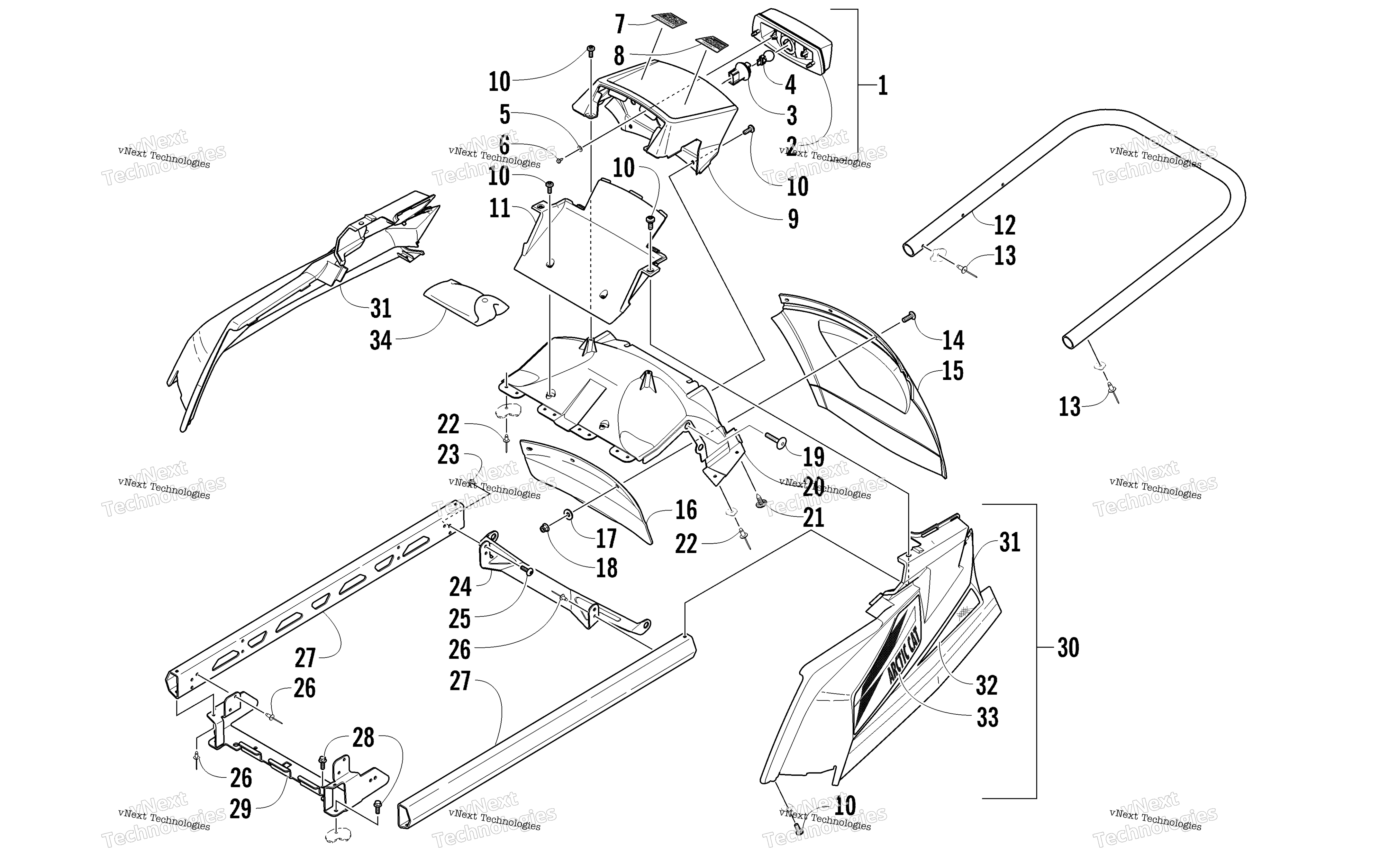 задний Bumper, полка Rail, Snowflap, и Taillight узел
